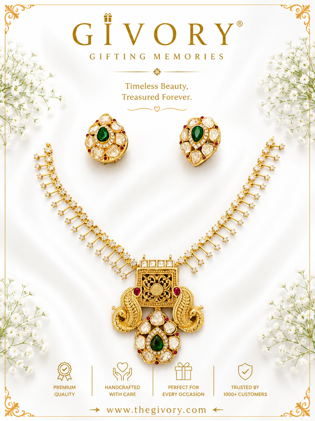 Twin Peacock Polki Jharoka Necklace Set | Emerald Drop – GV-RG-S-J-136