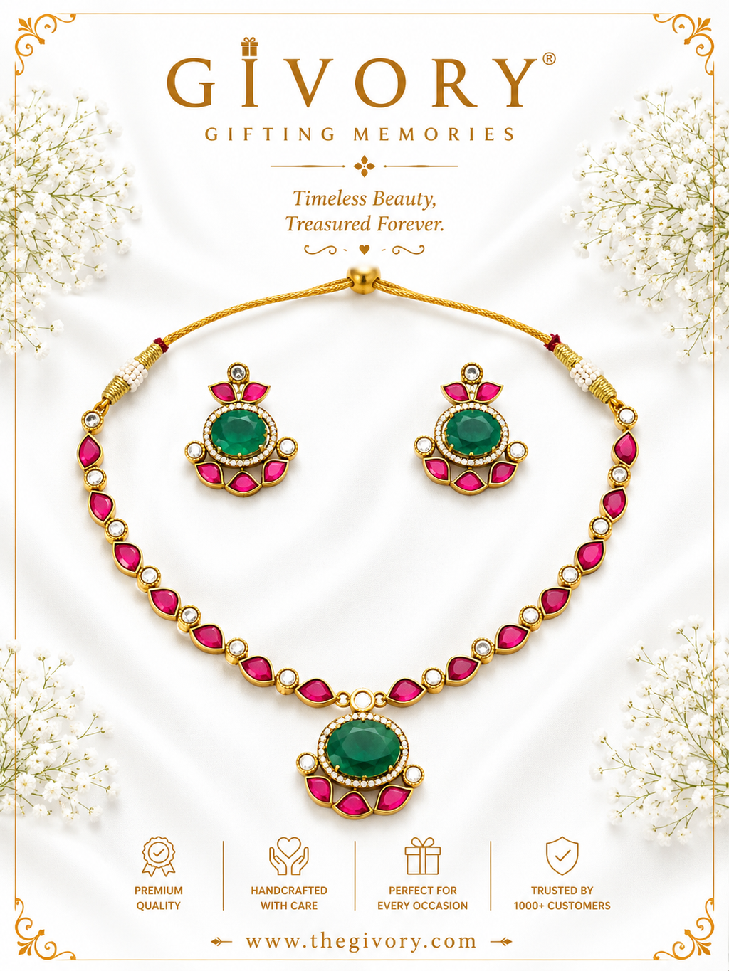 Ruby Kundan Leaf Necklace | Emerald Oval Pendant Set – GV-RG-S-J-137