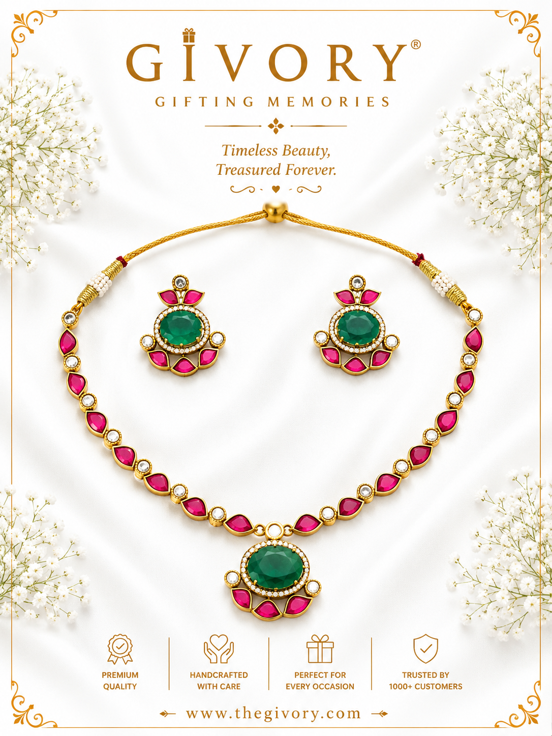 Ruby Kundan Leaf Necklace | Emerald Oval Pendant Set – GV-RG-S-J-137