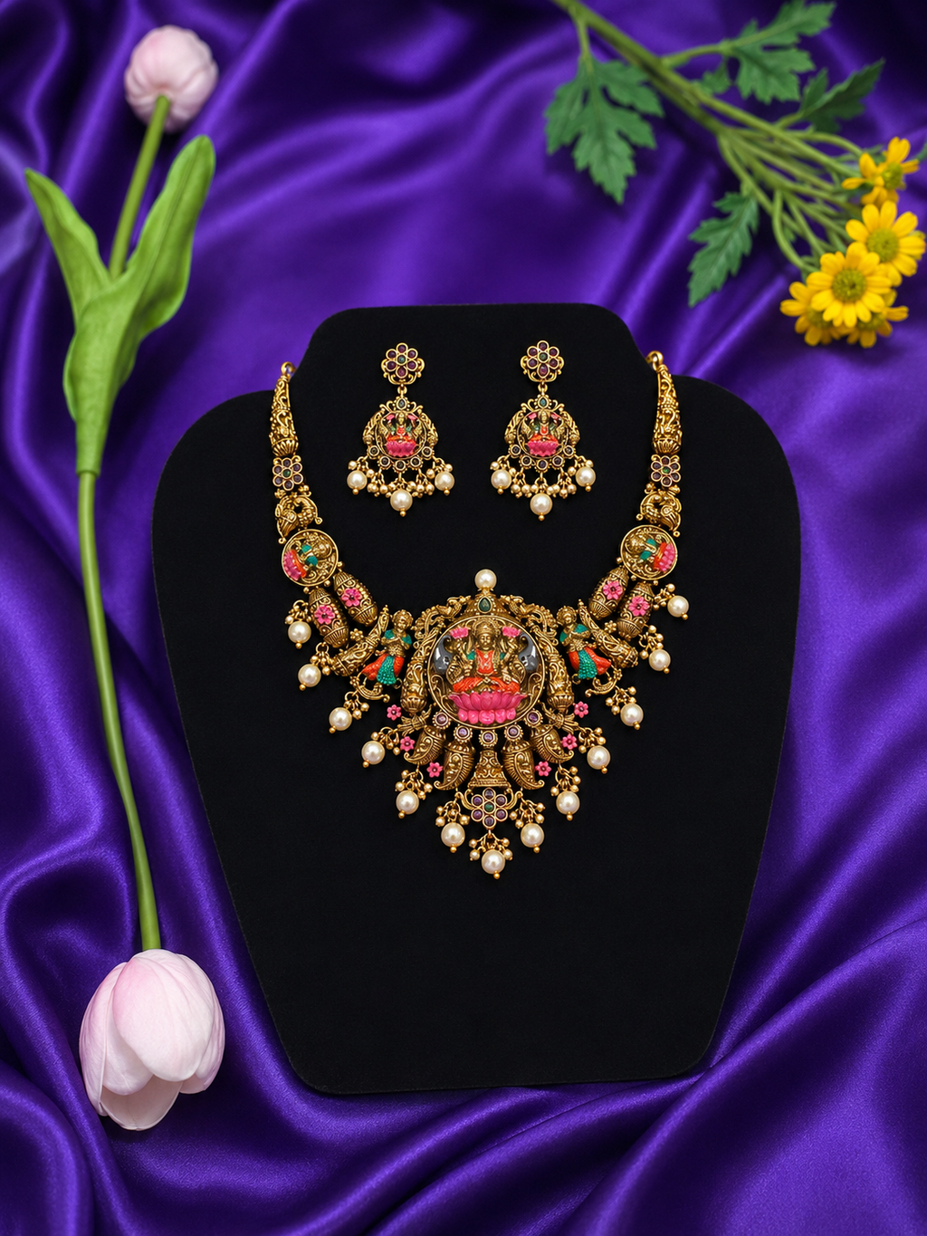 Lakshmi Multicolour Enamel Temple Choker Set | Parrot Motif Pearl Drop Necklace – GV-RG-S-J-110