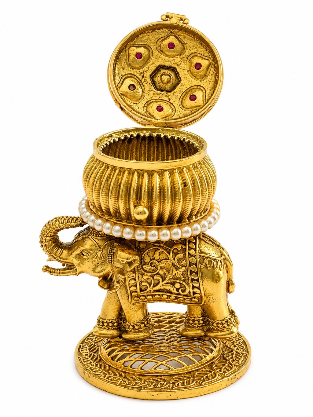 Krishna Flute Hanging Jhumka Kumkum Box | Elephant Base Pearl Mala Ruby  – GV-RG-S-K-115