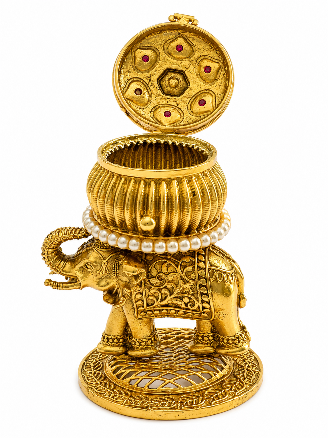 Krishna Flute Hanging Jhumka Kumkum Box | Elephant Base Pearl Mala Ruby  – GV-RG-S-K-115