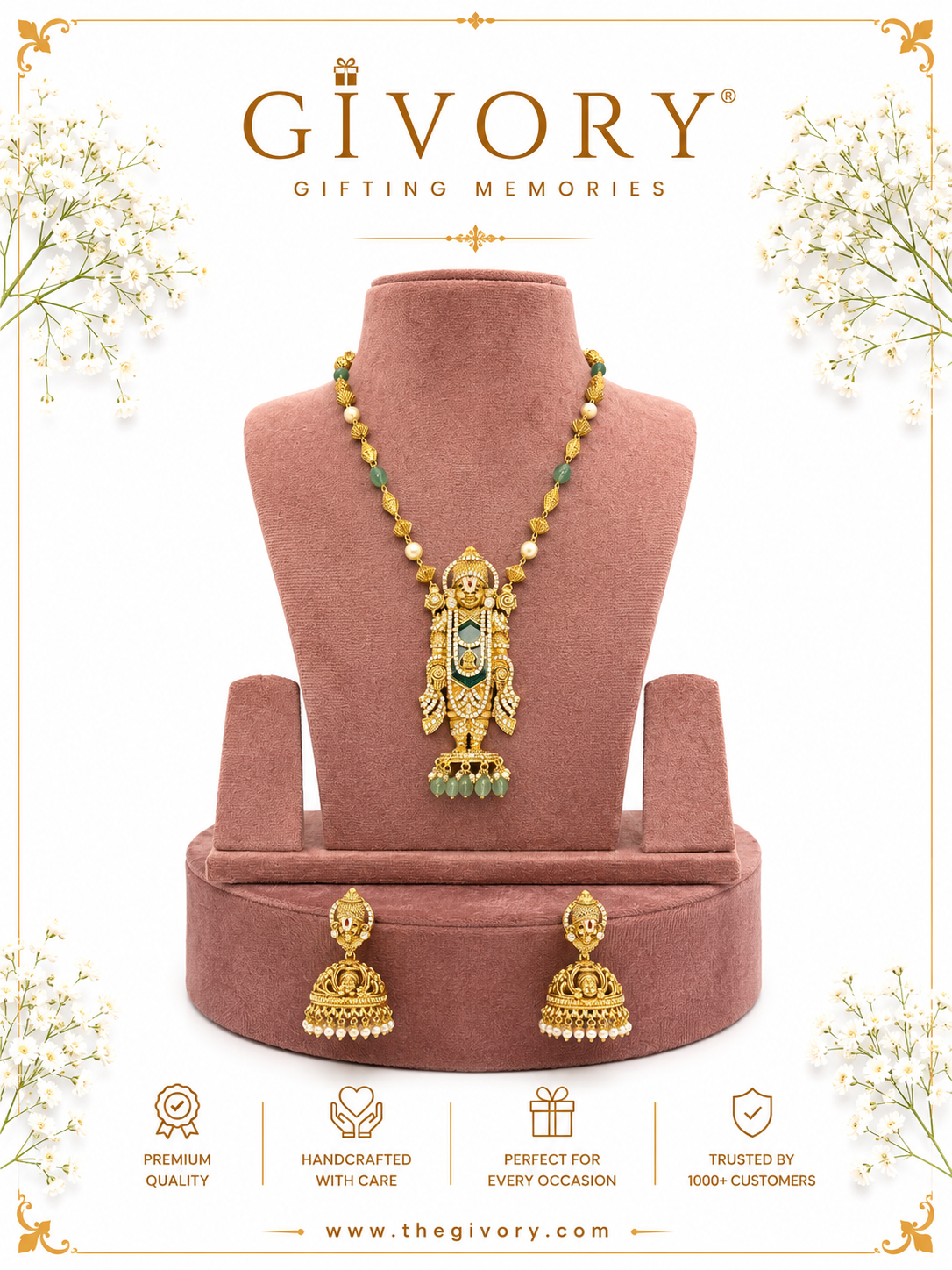 Lord  Balaji Necklace Set |  Idol Pendant Kundan Jhumka Earrings – GV-RG-S-J-113