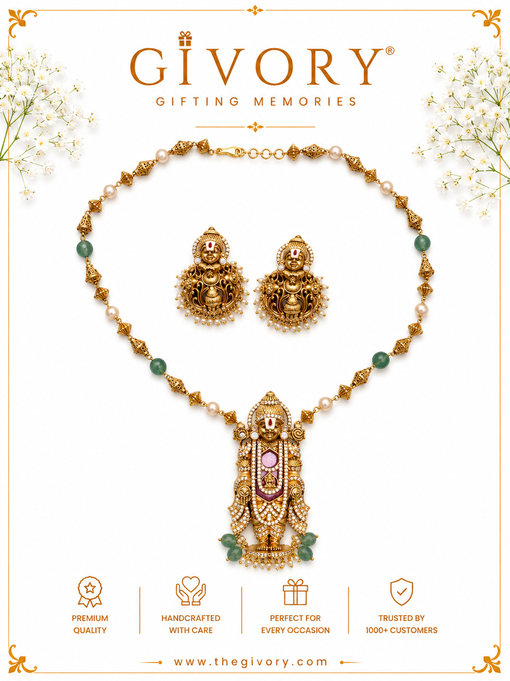 Lord  Balaji Necklace Set |  Idol Pendant Kundan Jhumka Earrings – GV-RG-S-J-113