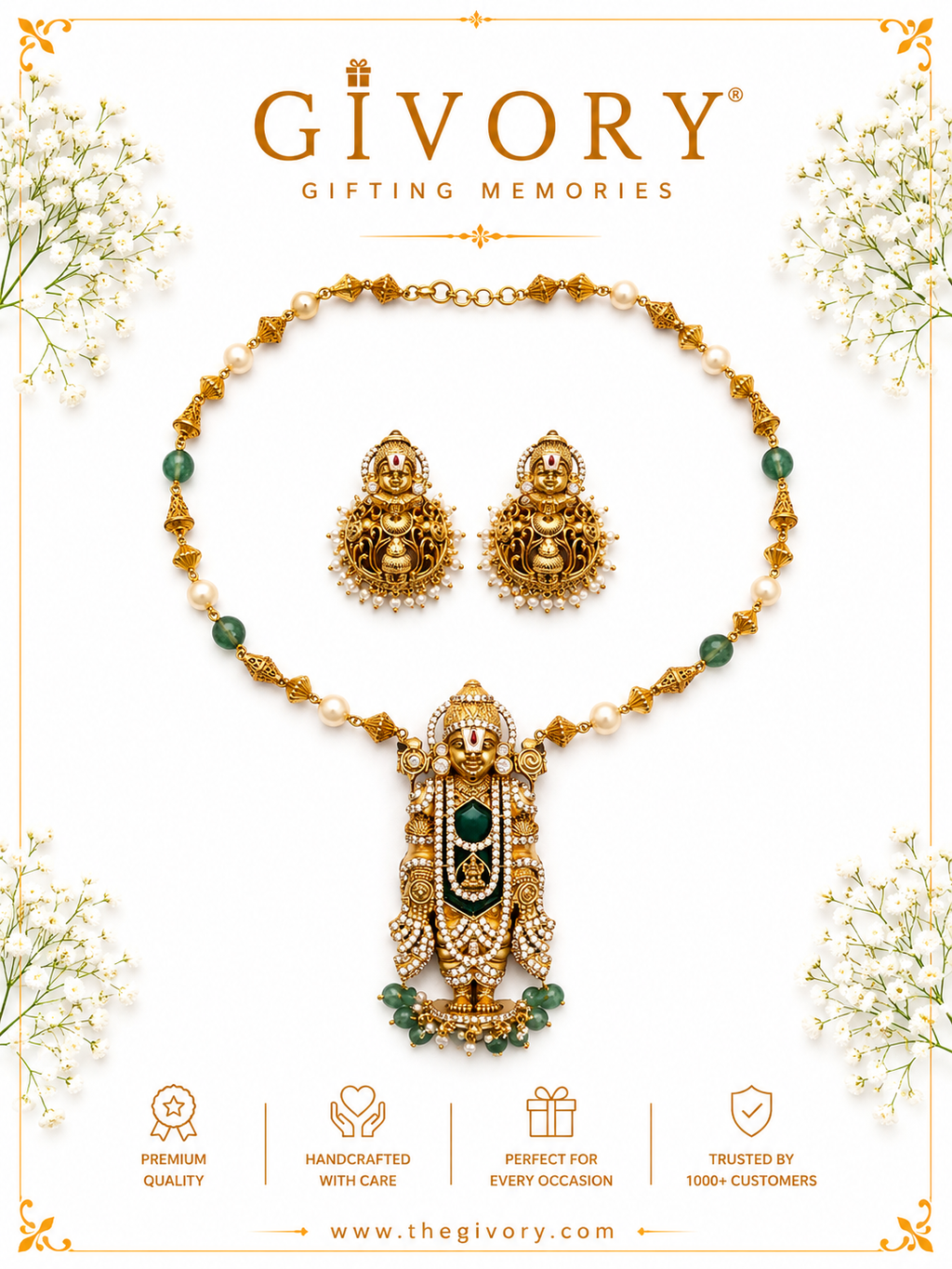Lord  Balaji Necklace Set |  Idol Pendant Kundan Jhumka Earrings – GV-RG-S-J-113