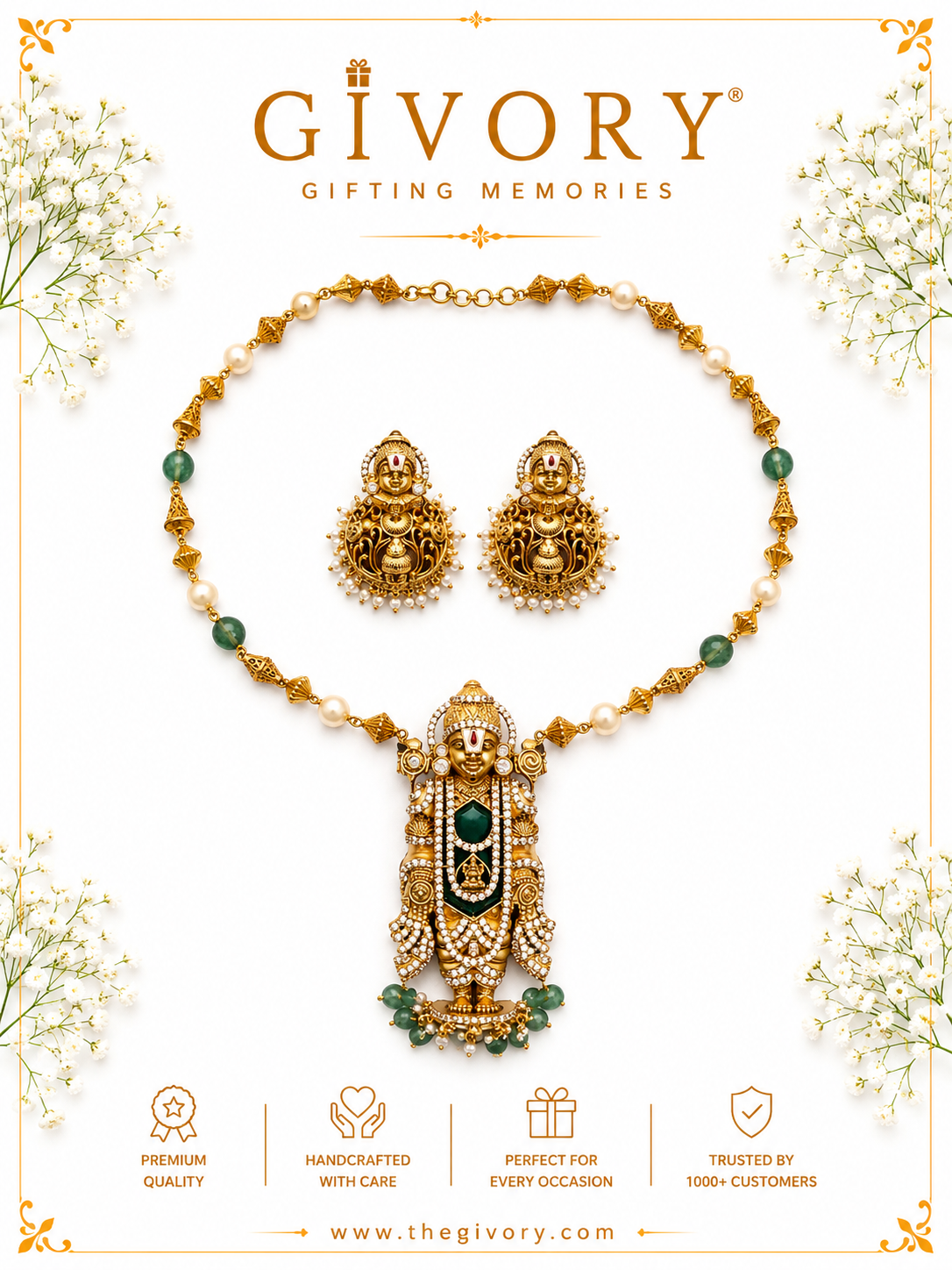 Lord  Balaji Necklace Set |  Idol Pendant Kundan Jhumka Earrings – GV-RG-S-J-113