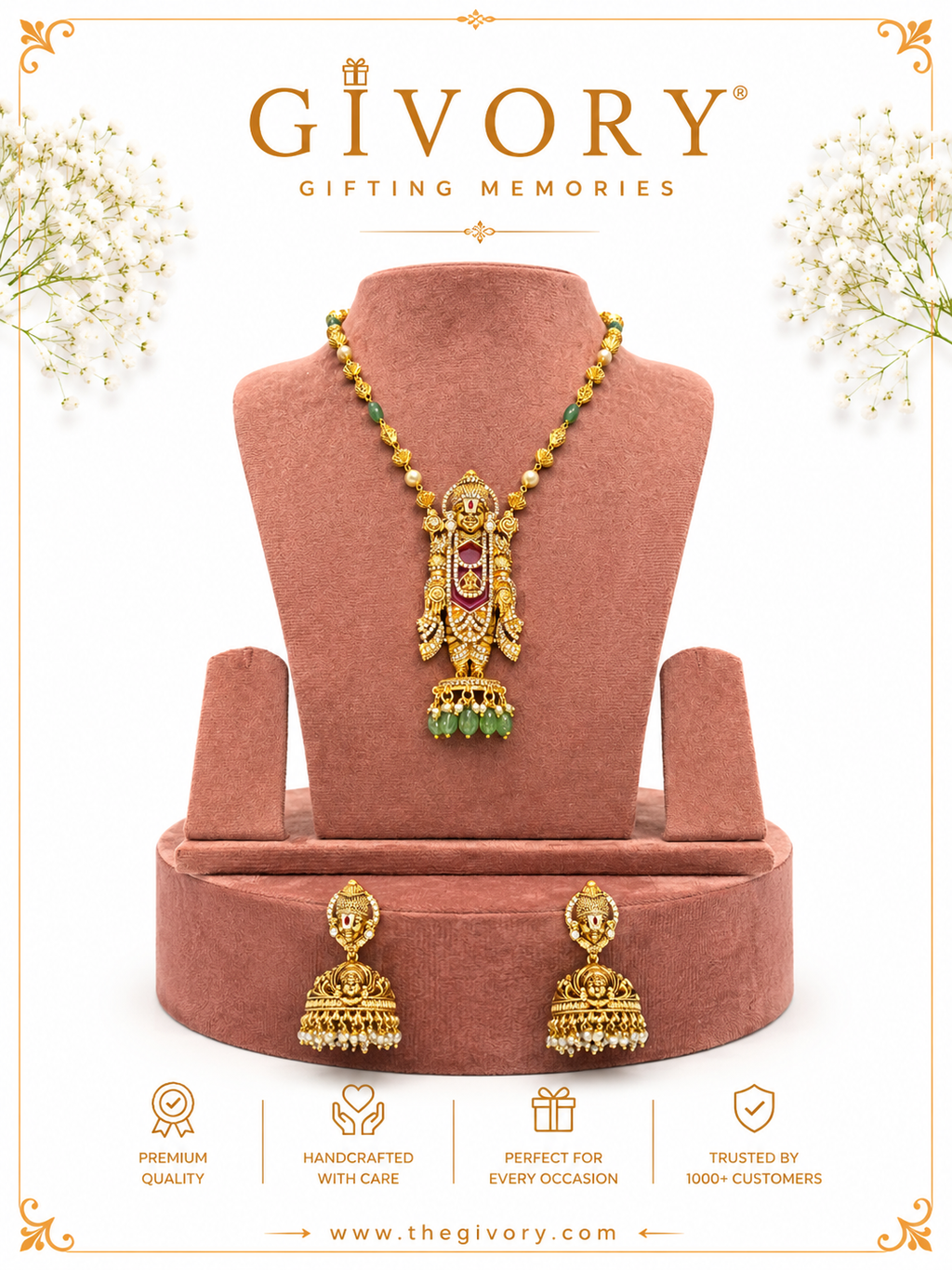 Lord  Balaji Necklace Set |  Idol Pendant Kundan Jhumka Earrings – GV-RG-S-J-113