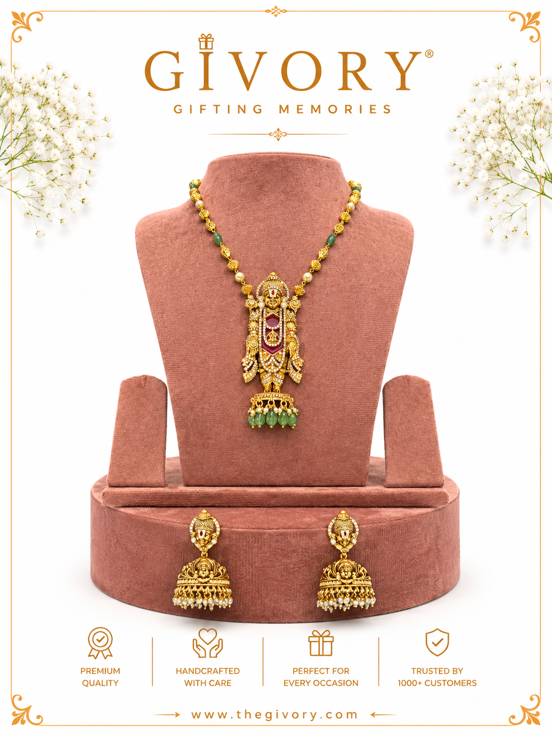 Lord  Balaji Necklace Set |  Idol Pendant Kundan Jhumka Earrings – GV-RG-S-J-113