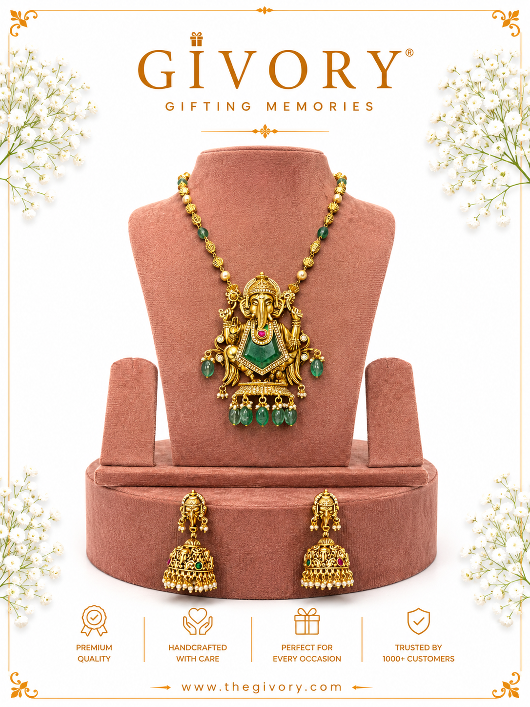 Lord Ganesha 3D Idol Necklace Set | Kundan Emerald Pendant Ganesha Jhumka – GV-RG-S-J-114