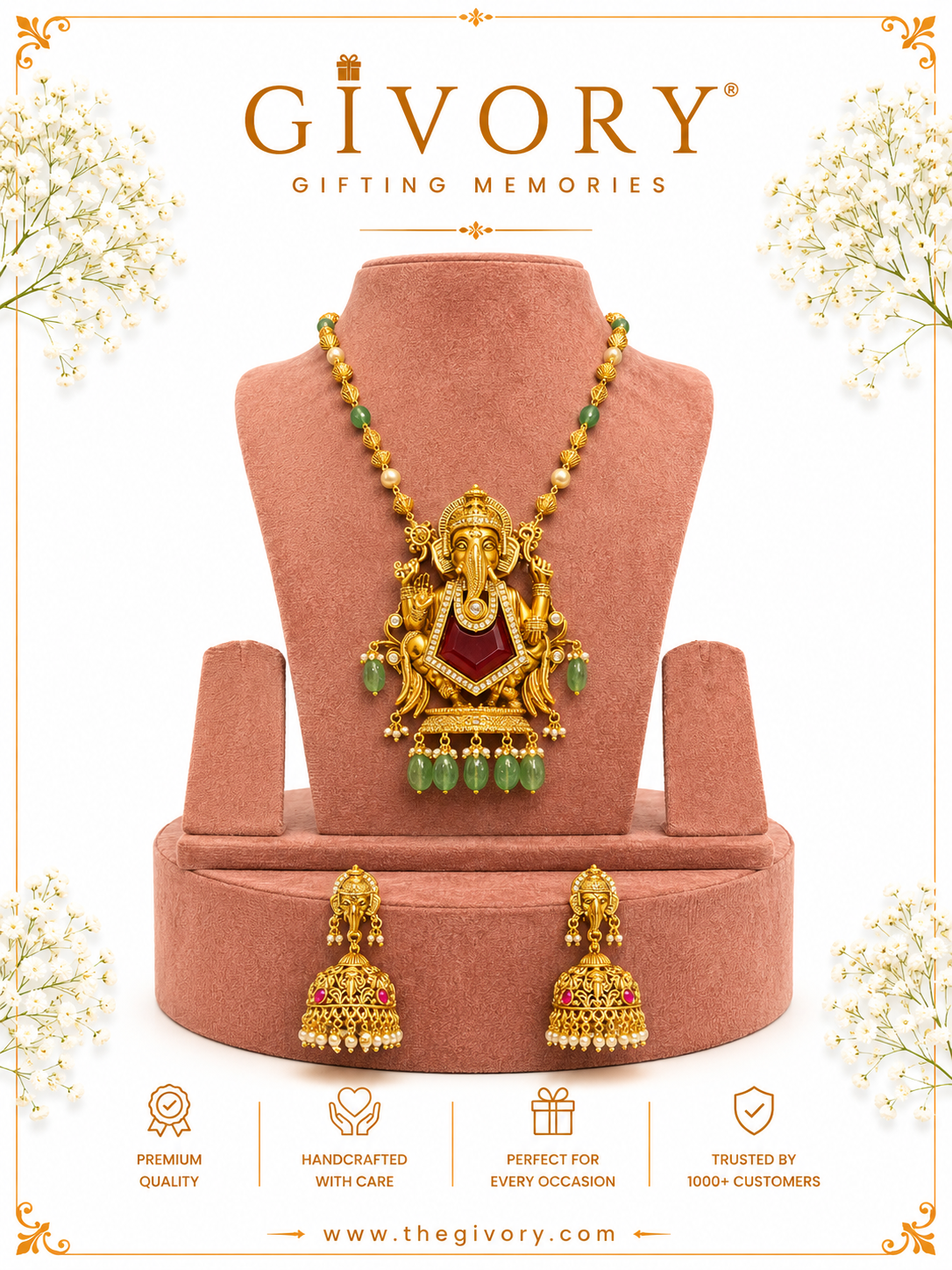 Lord Ganesha 3D Idol Necklace Set | Kundan Emerald Pendant Ganesha Jhumka – GV-RG-S-J-114