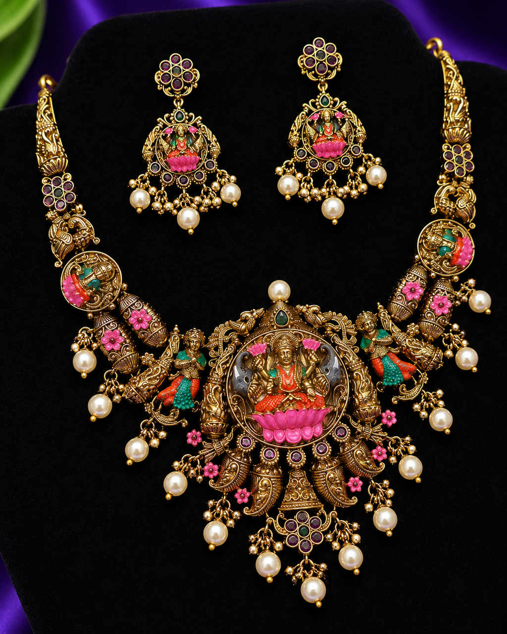 Lakshmi Multicolour Enamel Temple Choker Set | Parrot Motif Pearl Drop Necklace – GV-RG-S-J-110