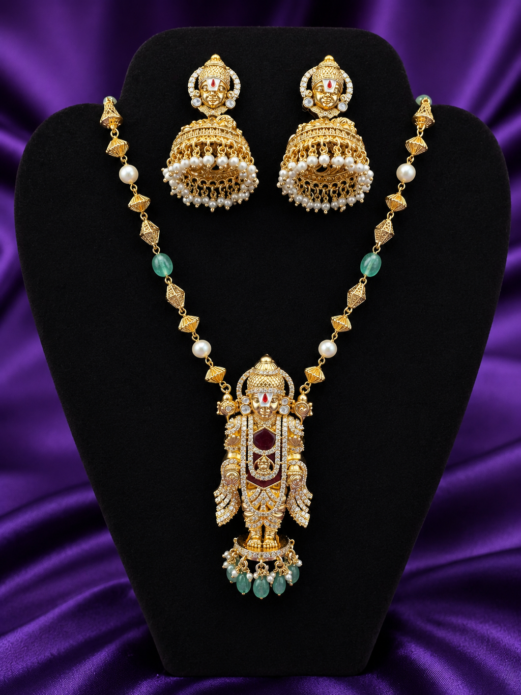 Lord Venkateswara Balaji Necklace Set |  Idol Pendant Kundan Jhumka Earrings – GV-RG-S-J-113