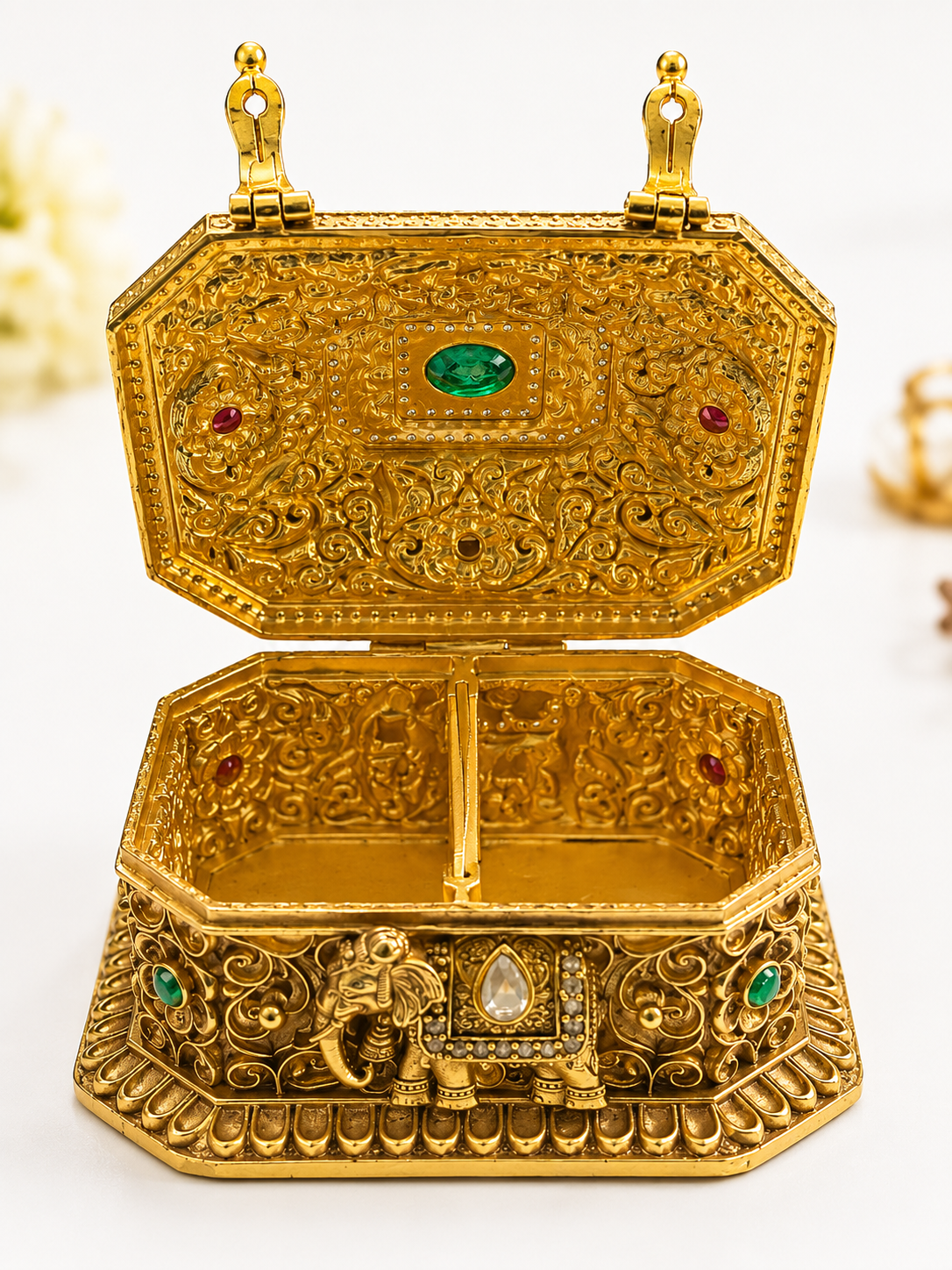 Royal Elephant Nakshi Dual Chamber Box | Emerald CZ Ruby Octagonal Treasure Chest – GV-Rg-S-K-123