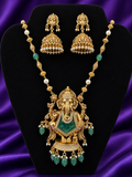 Lord Ganesha 3D Idol Necklace Set | Kundan Emerald Pendant Ganesha Jhumka – GV-RG-S-J-114