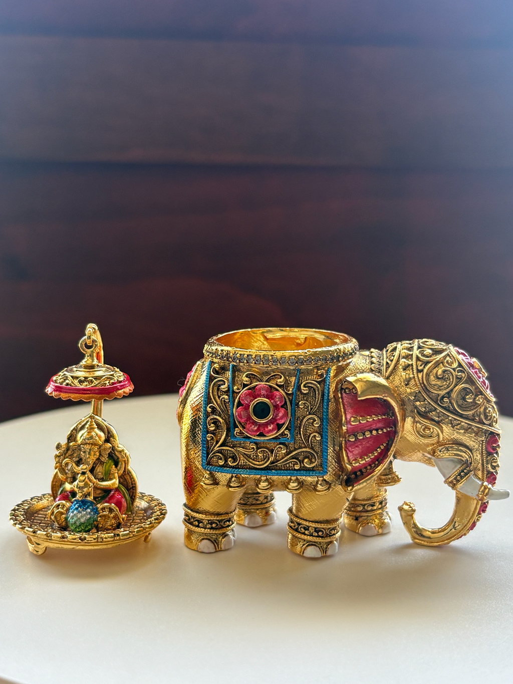 Lord Ganesha Meenakari Royal Elephant Kumkum Box | Gold Chatri Enamel Pooja Box – GV-RG-S-K-121