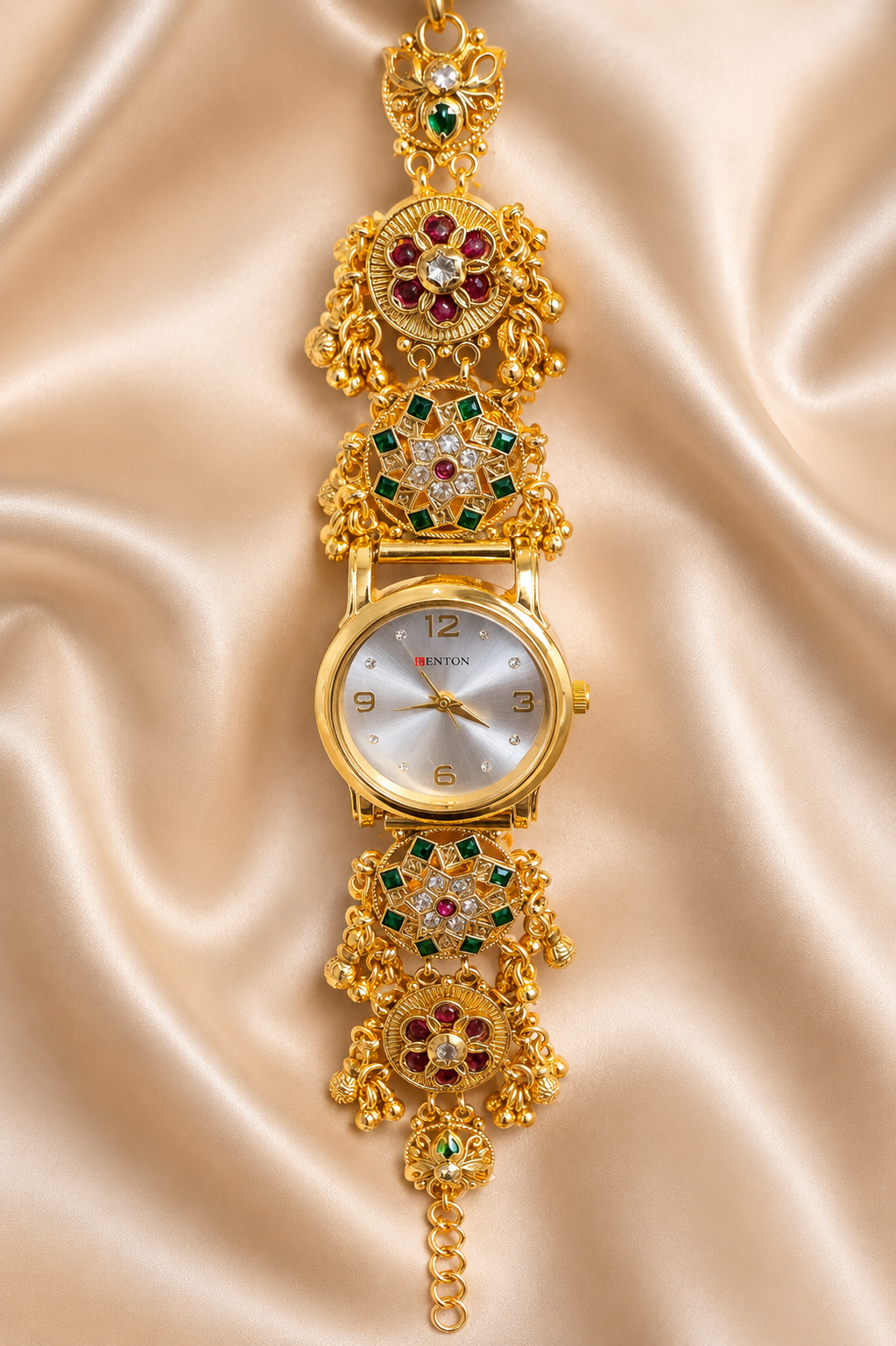 Jadau Kundan Temple Jewellery Watch | Antique Gold Ruby Emerald Bridal Watch – GV-RG-S-W-119