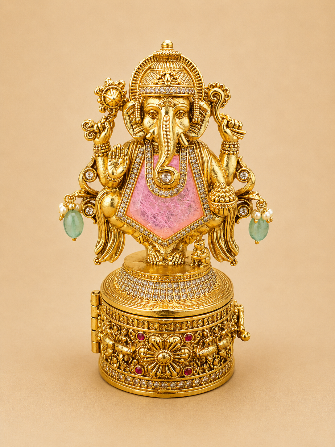 Lord Ganesha Precious Stone Kumkum Box | CZ Kundan 4 Colour Variants Gold – GV-RG-S-K-116