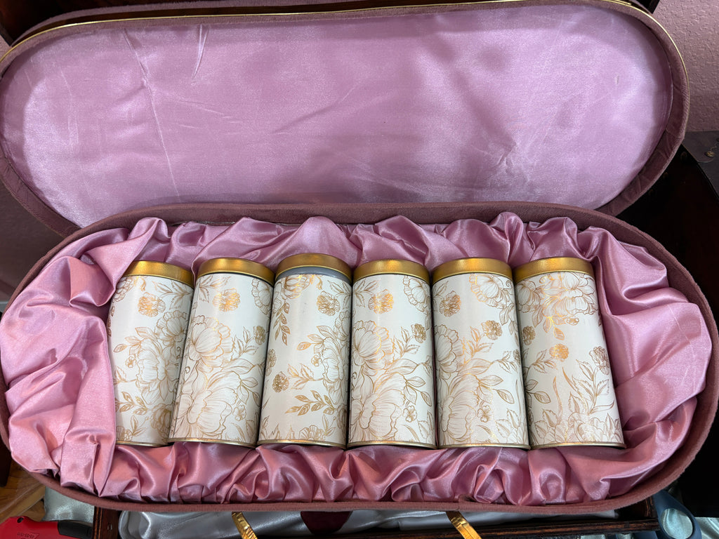Blush Pink Velvet Gift Trunk Set | 6 Premium  Floral Gold Tin Canisters — Luxury Return Gift