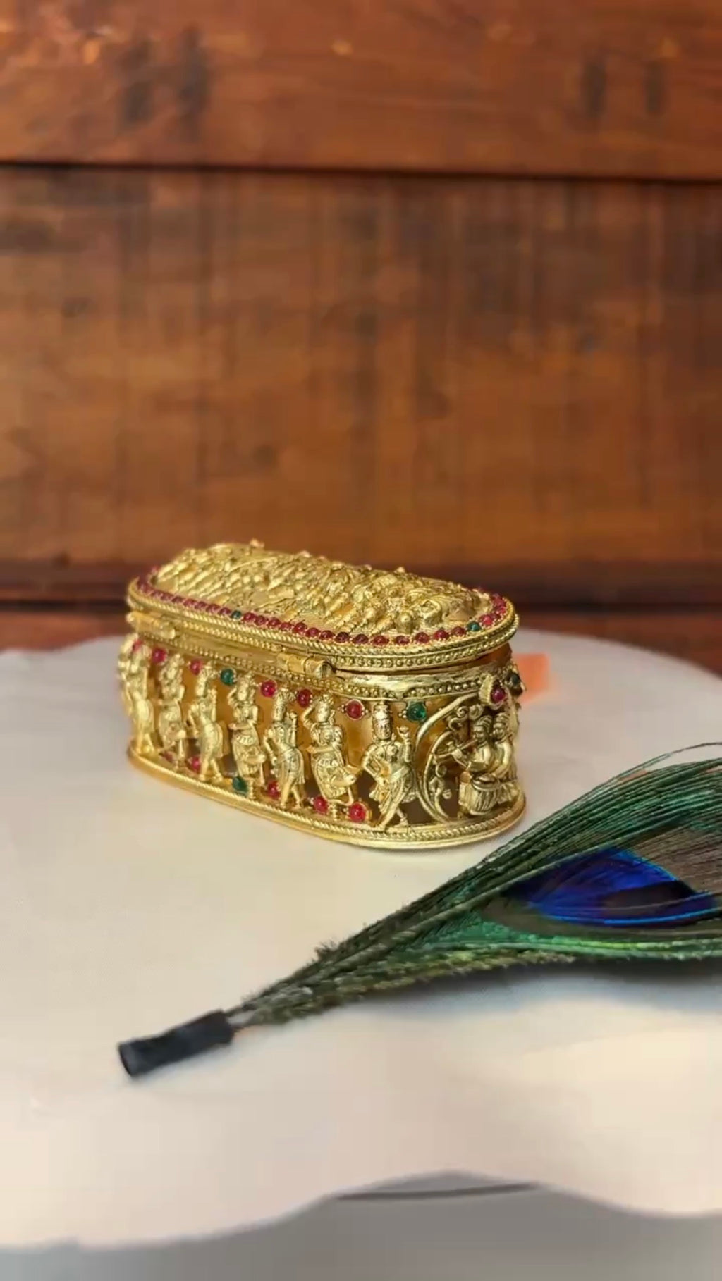 Temple Designs Kumkum Box | Antique Gold Deity Figures | Handcrafted Pooja Gift GV-RG-S-K-075