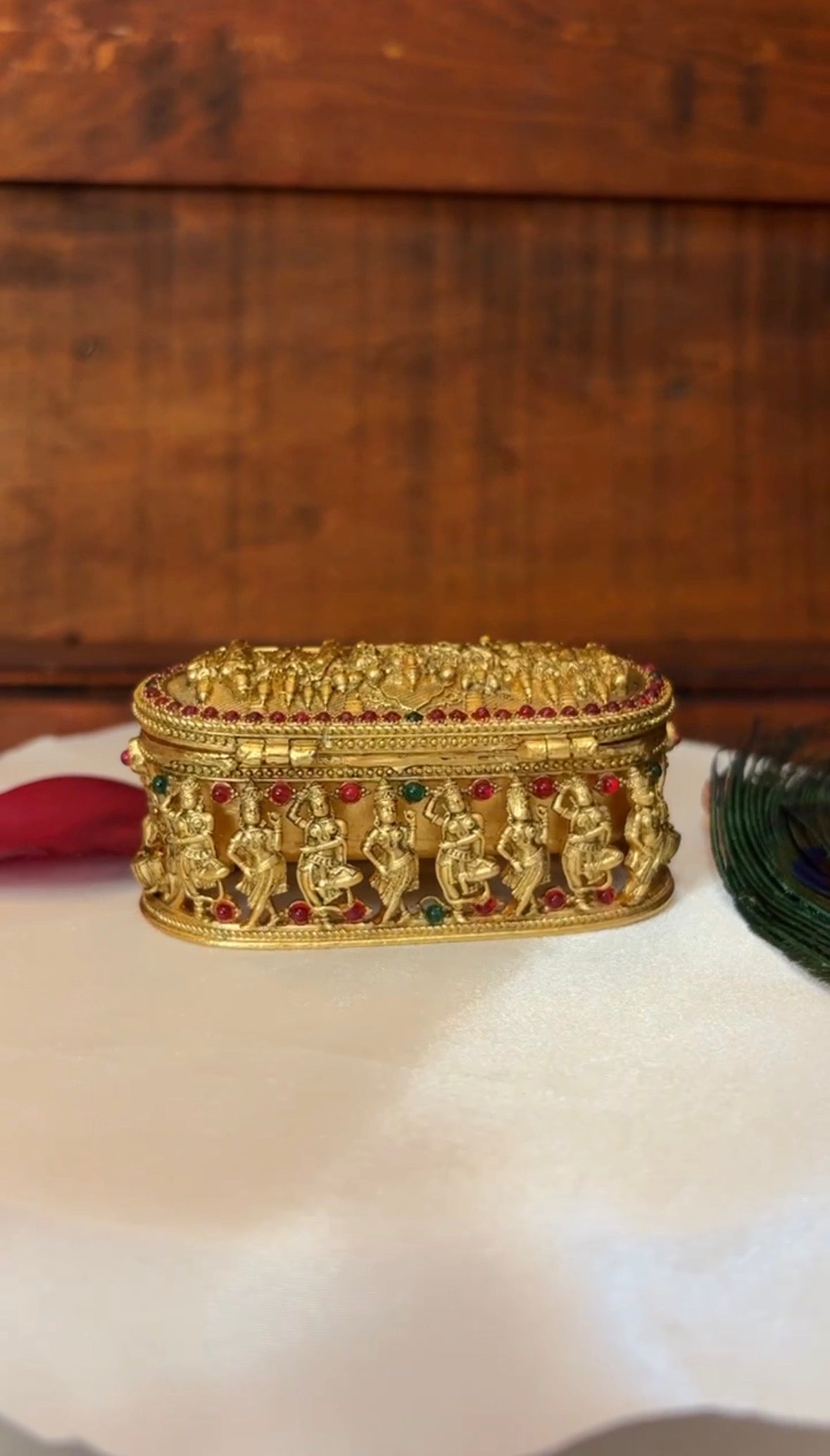 Temple Designs Kumkum Box | Antique Gold Deity Figures | Handcrafted Pooja Gift GV-RG-S-K-075