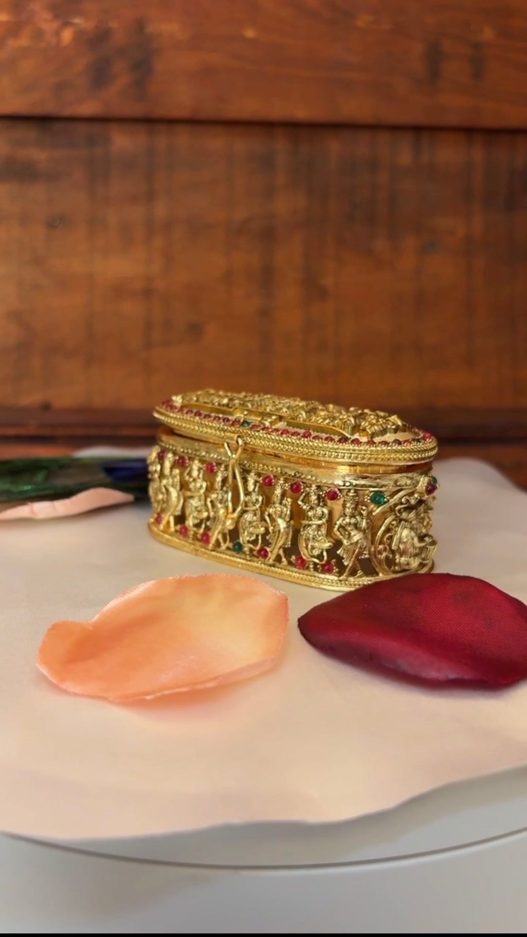 Temple Designs Kumkum Box | Antique Gold Deity Figures | Handcrafted Pooja Gift GV-RG-S-K-075