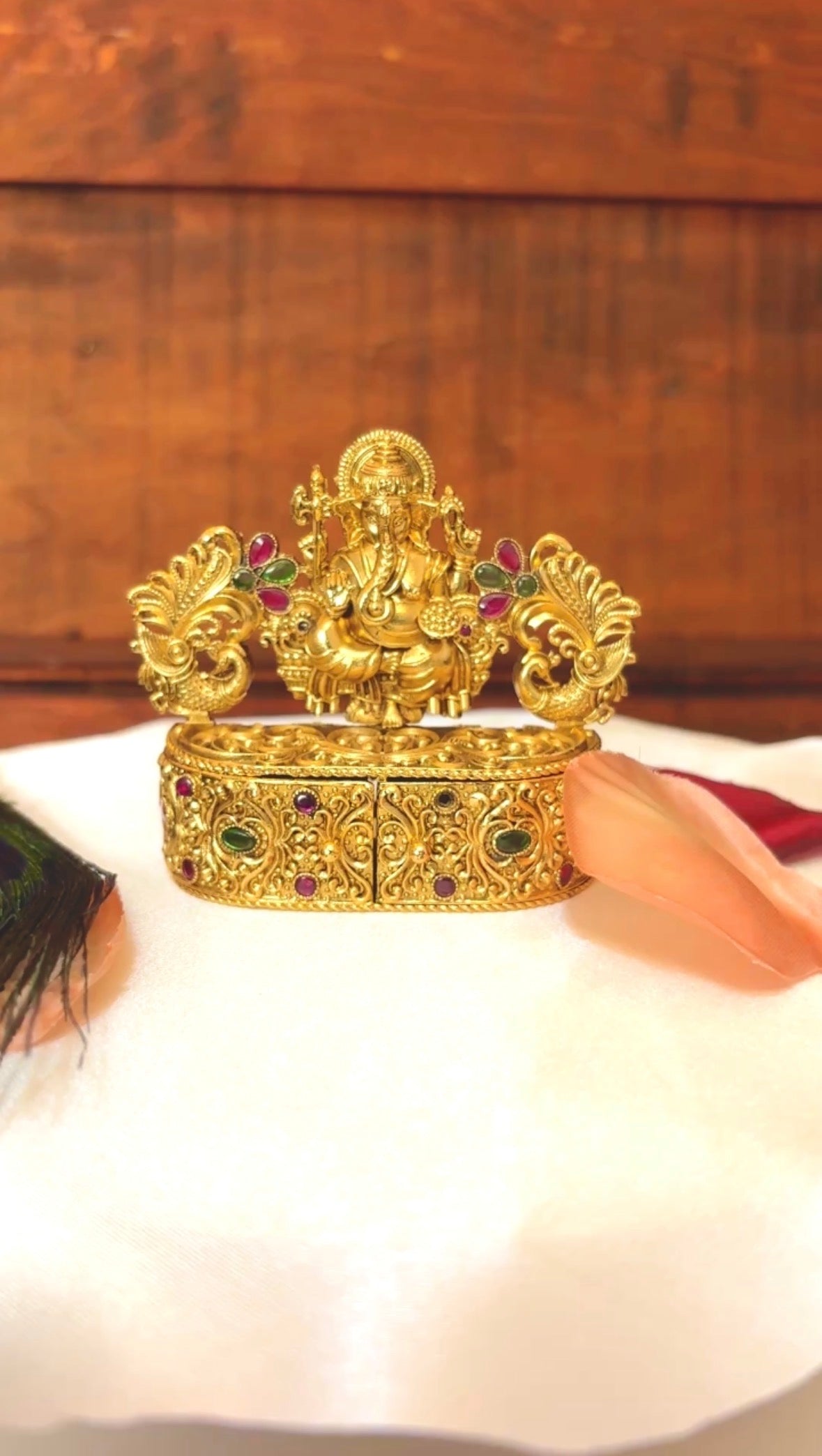 Lord Ganesha Twin Peacock Kumkum Box |  Ruby Emerald Hinged Sindoor Box: KU: GV-RG-S-K-077
