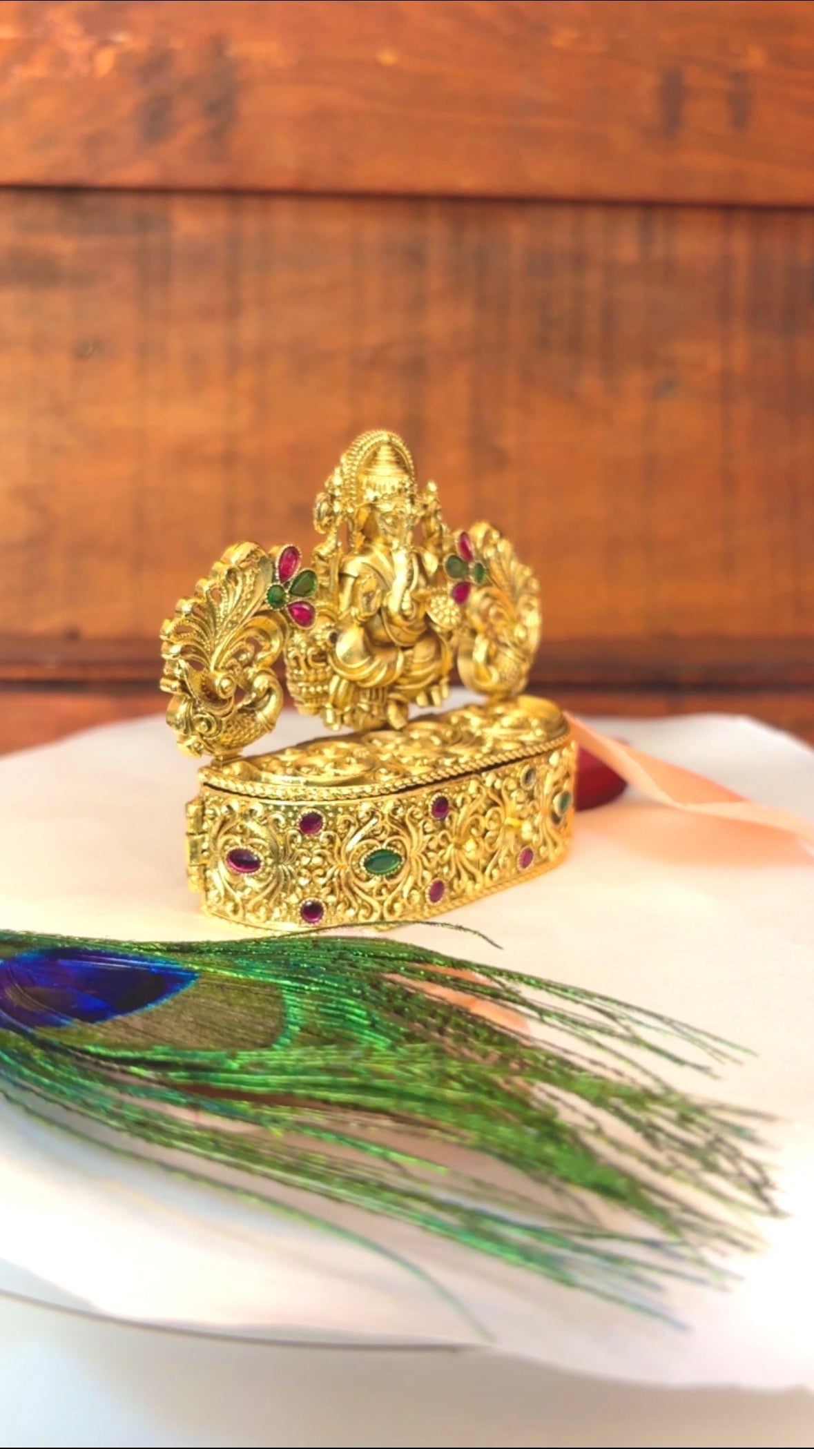 Lord Ganesha Twin Peacock Kumkum Box |  Ruby Emerald Hinged Sindoor Box: KU: GV-RG-S-K-077