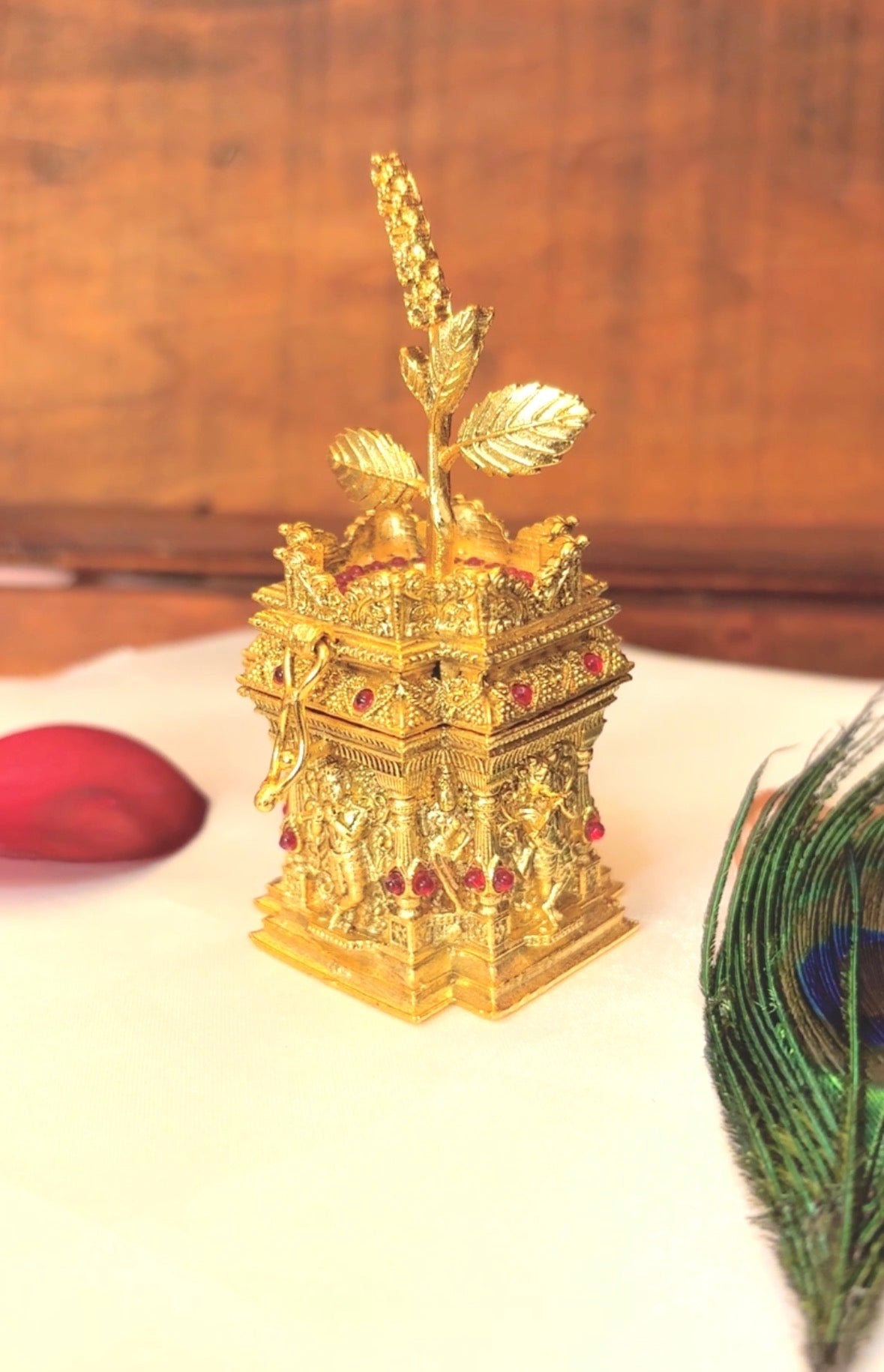 Tulasi Gopuram Kumkum Box | Sacred Vishnu Temple Tulsi Gold Sindoor Box: GV-RG-S-K-080