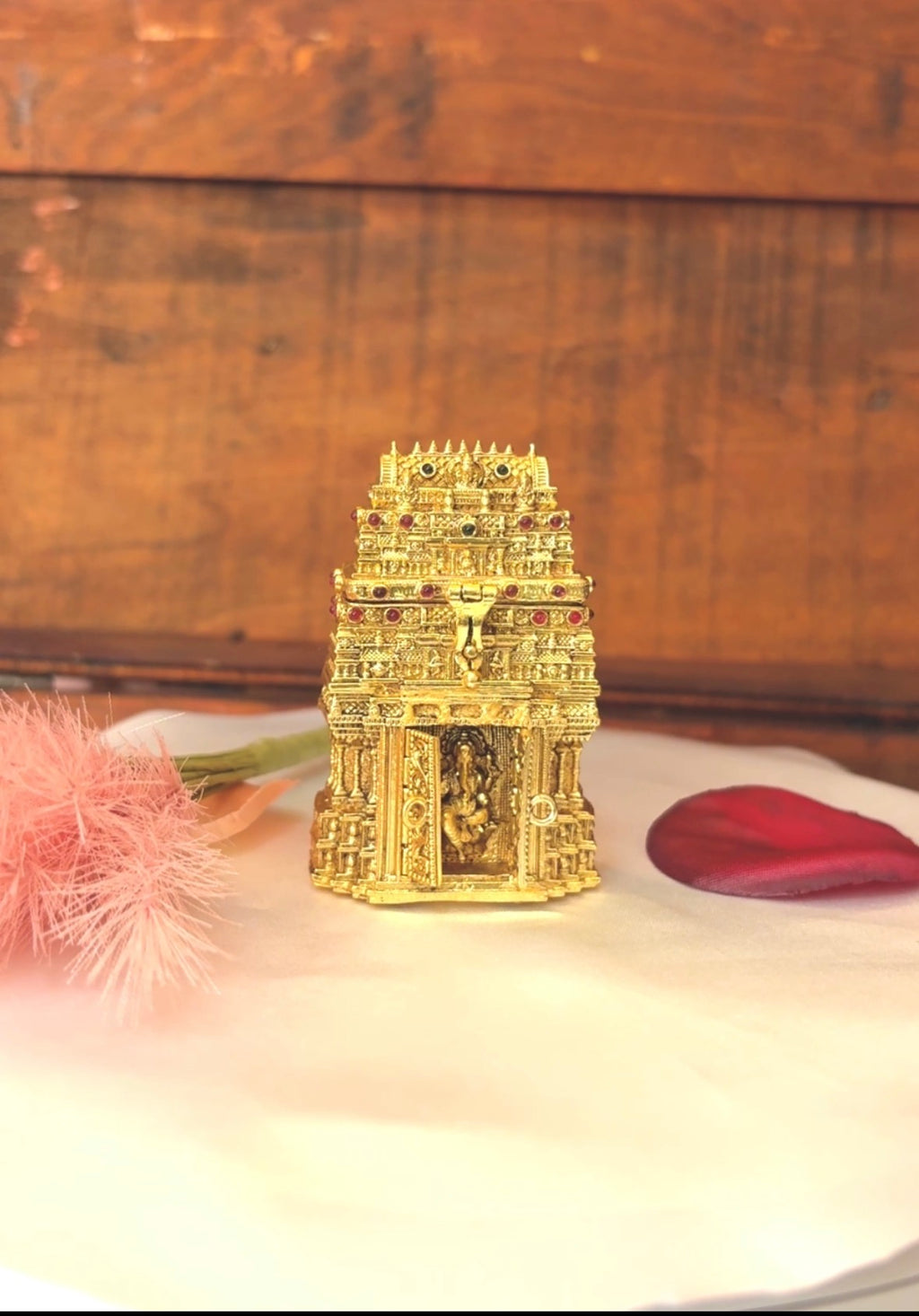 Temple Design Gopuram Kumkum Box | Ganesha Miniature Temple Gold Sindoor Box:GV-RG-S-K-092