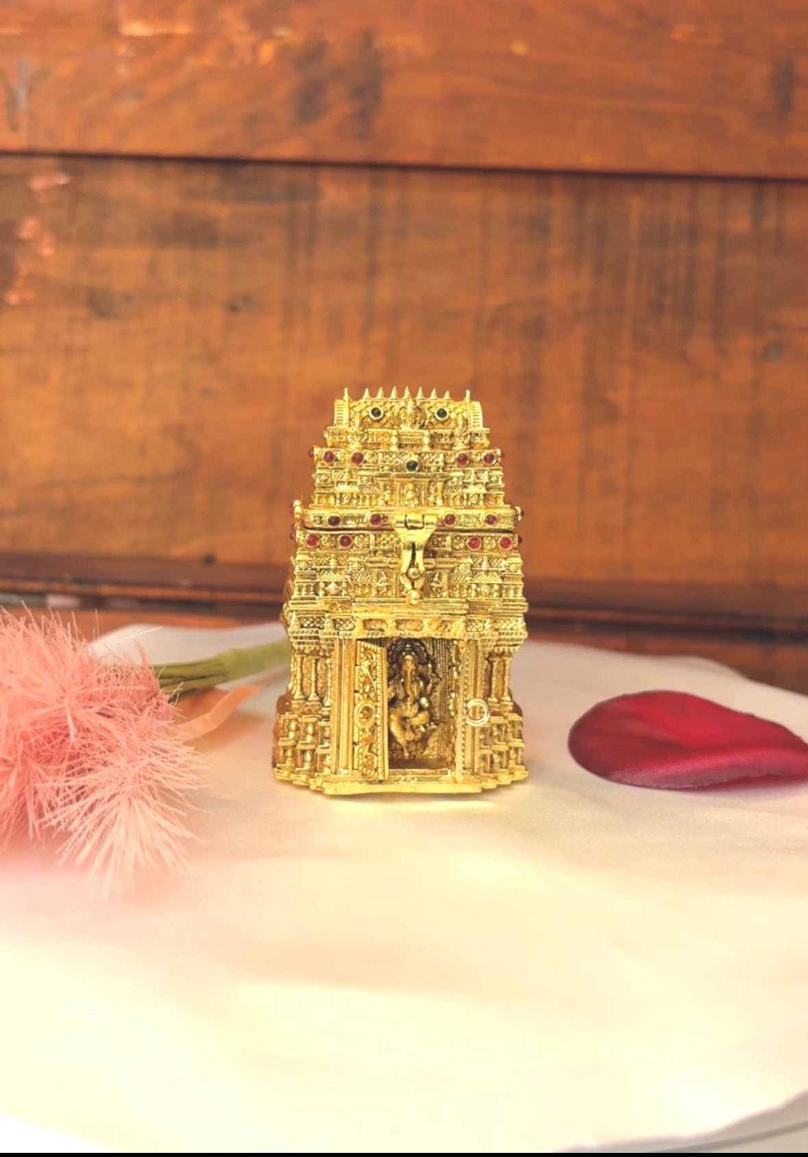 Temple Design Gopuram Kumkum Box | Ganesha Miniature Temple Gold Sindoor Box:GV-RG-S-K-092
