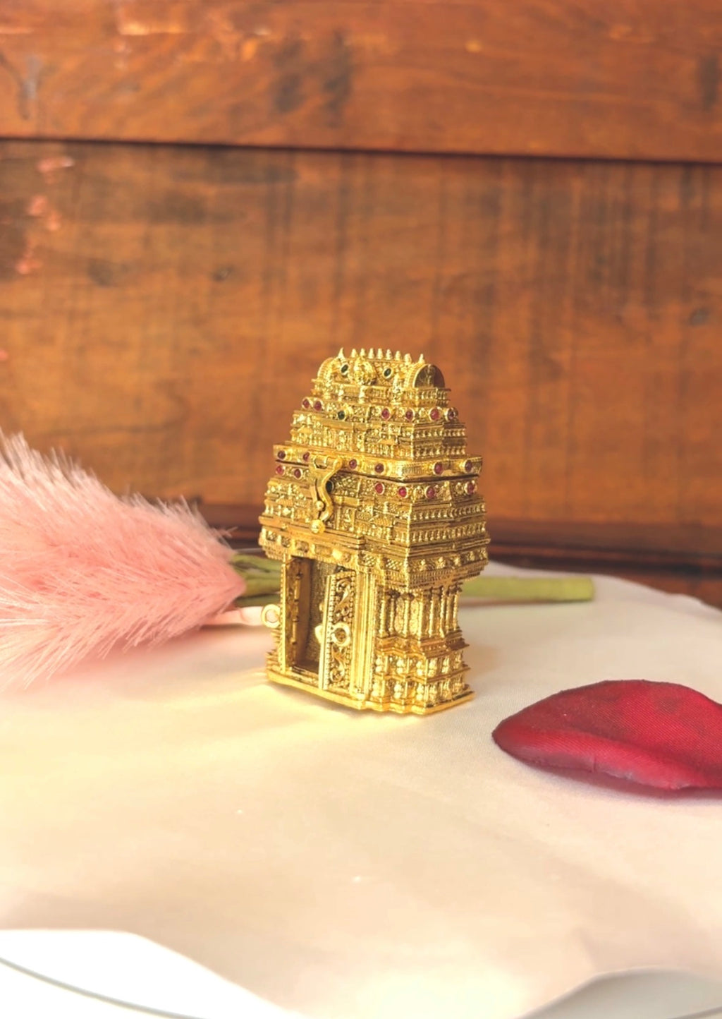 Temple Design Gopuram Kumkum Box | Ganesha Miniature Temple Gold Sindoor Box:GV-RG-S-K-092