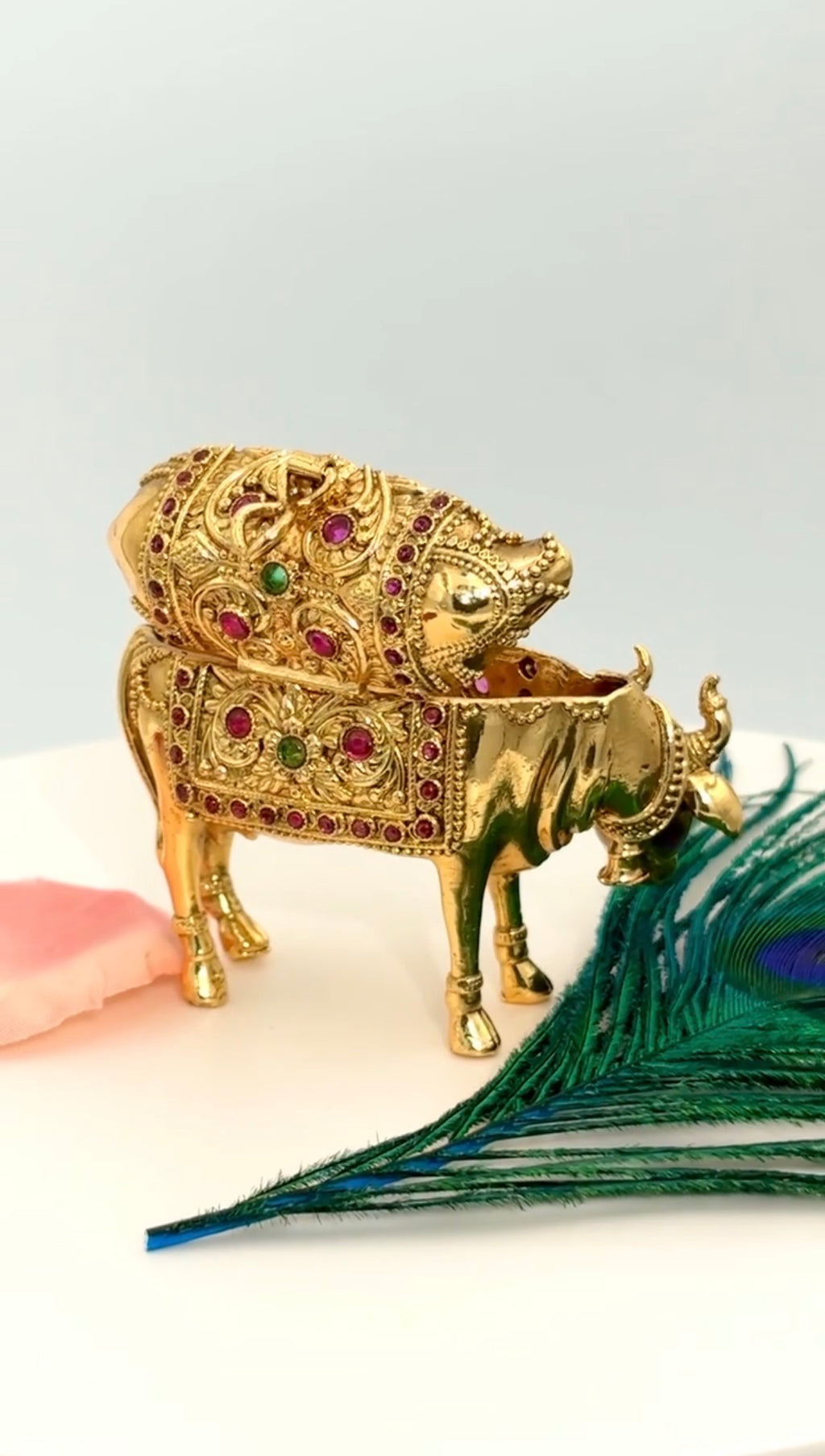 Kamadhenu Sacred Cow Kumkum Box | 24K Gold Ruby Emerald Gem Sindoor Box: GV-RG-S-K-094
