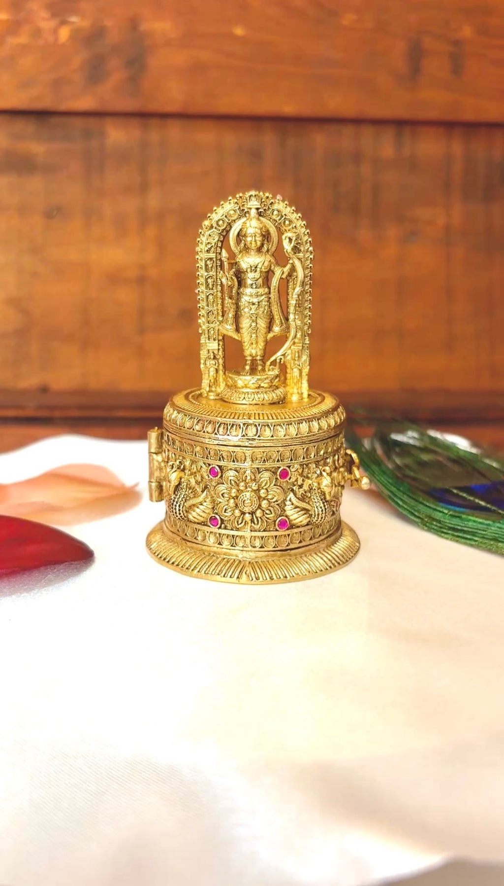 Lord Ram Circular Kumkum Box | Ram Arch Peacock Floral Gold Sindoor Box USA: GV-RG-S-K-097