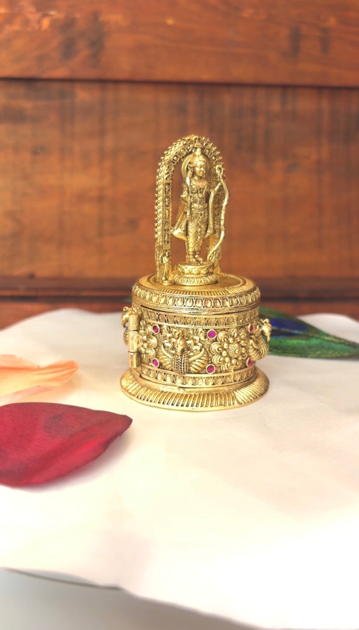 Lord Ram Circular Kumkum Box | Ram Arch Peacock Floral Gold Sindoor Box USA: GV-RG-S-K-097
