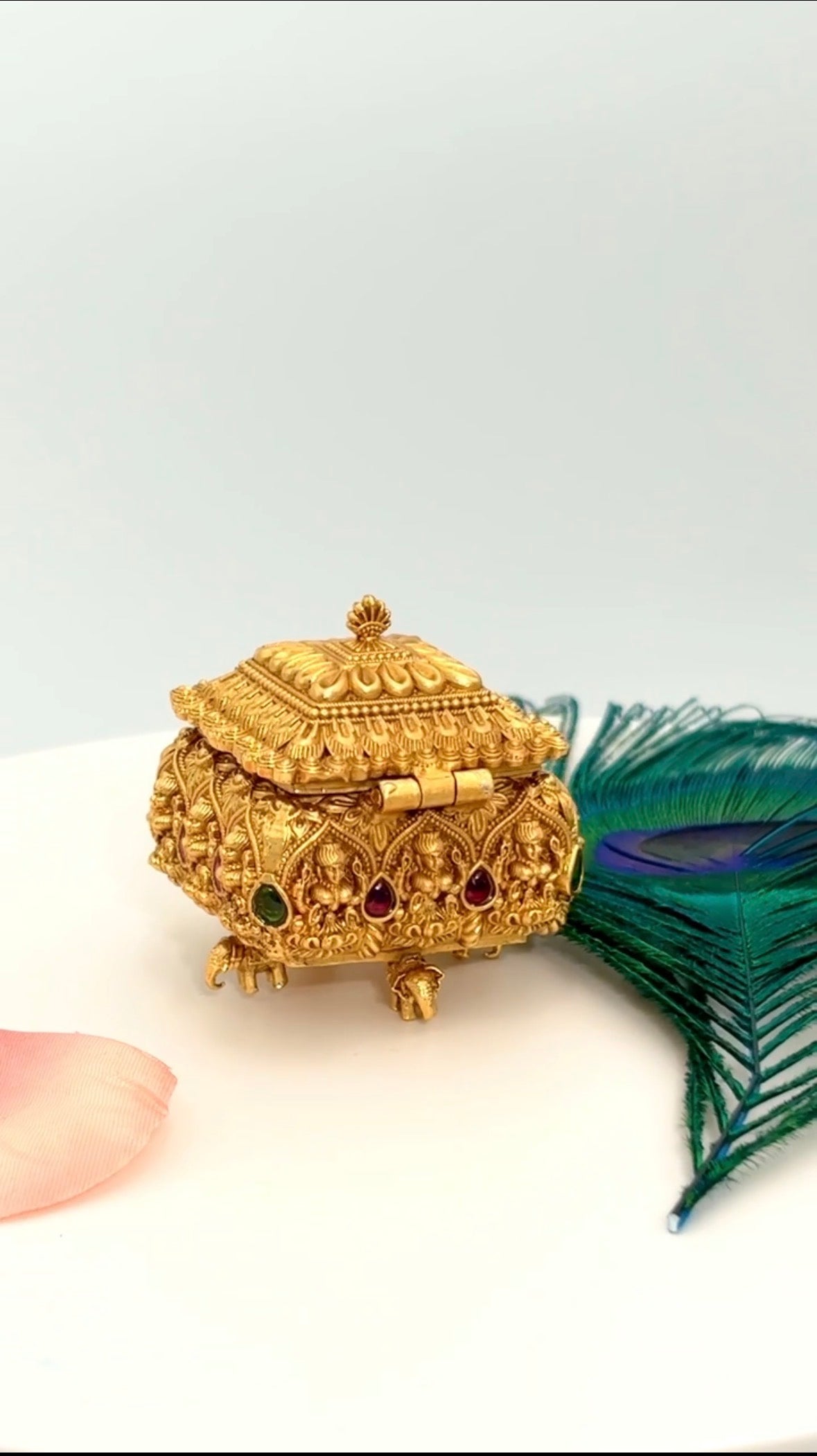 Lakshmi Nakshi Temple Chest Kumkum Box | Elephant Feet Lotus Lid Gold Sindoor Box – GV-RG-S-K-106