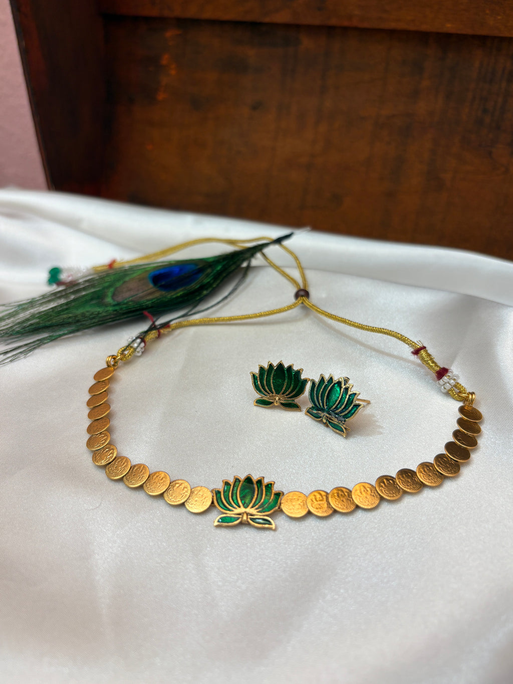 Lakshmi Coin Lotus Necklace Set | Green Enamel Lotus Pendant Gold Coin Choker – GV-RG-S-J-107