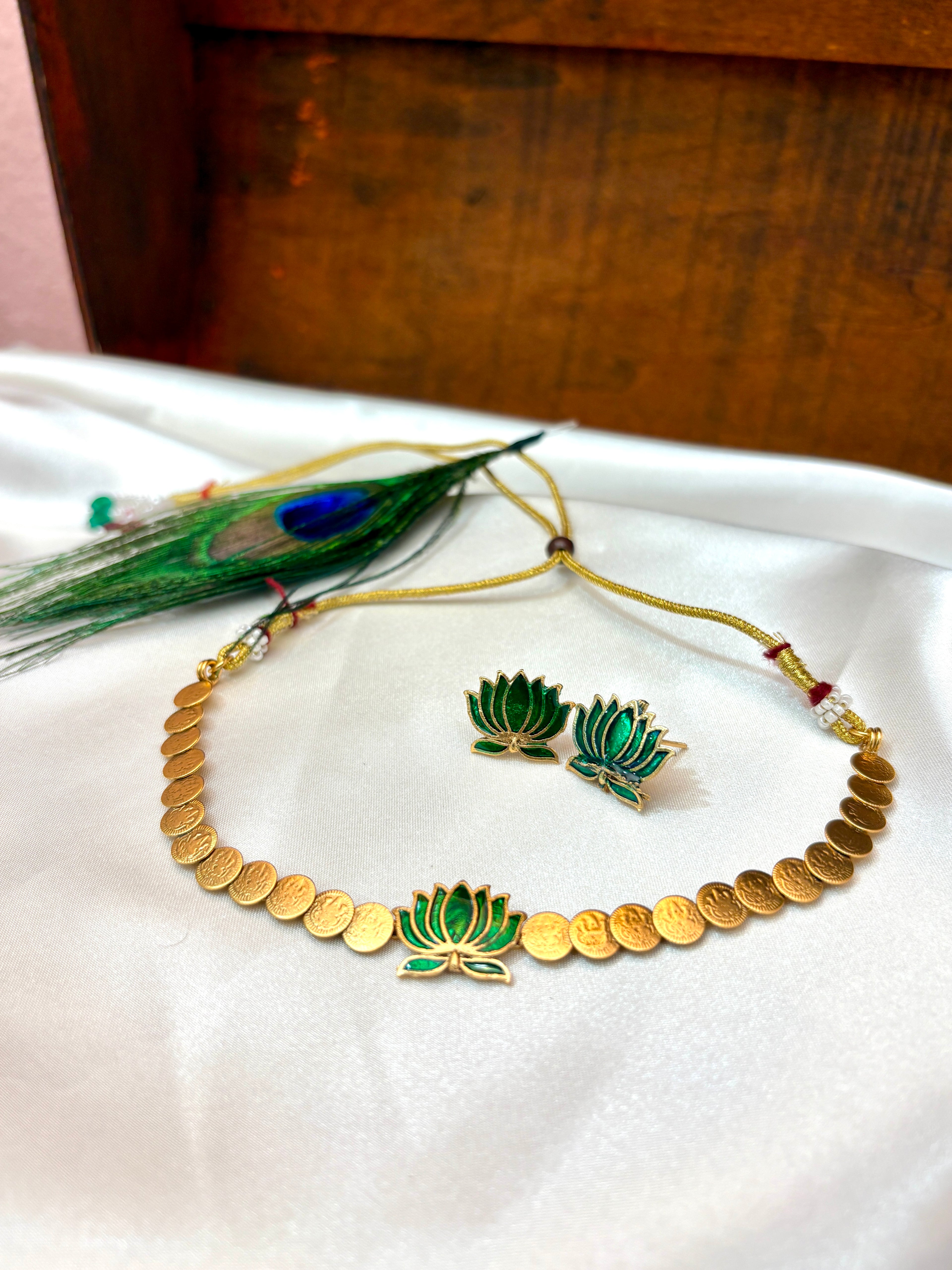 Lakshmi Coin Lotus Necklace Set | Green Enamel Lotus Pendant Gold Coin Choker – GV-RG-S-J-107