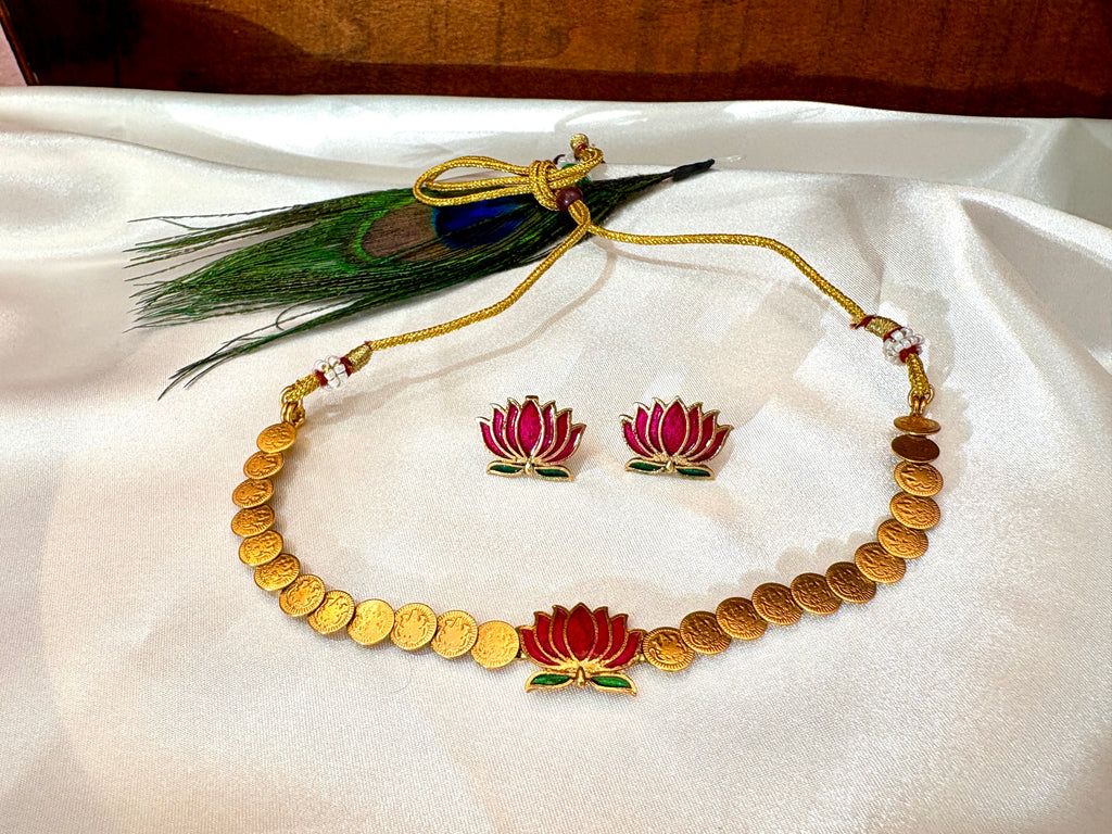 Lakshmi Coin Lotus Necklace Set | Green Enamel Lotus Pendant Gold Coin Choker – GV-RG-S-J-107