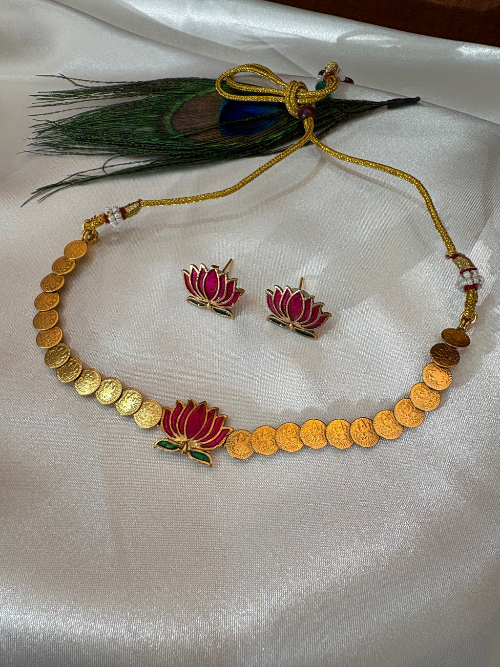 Lakshmi Coin Lotus Necklace Set | Green Enamel Lotus Pendant Gold Coin Choker – GV-RG-S-J-107