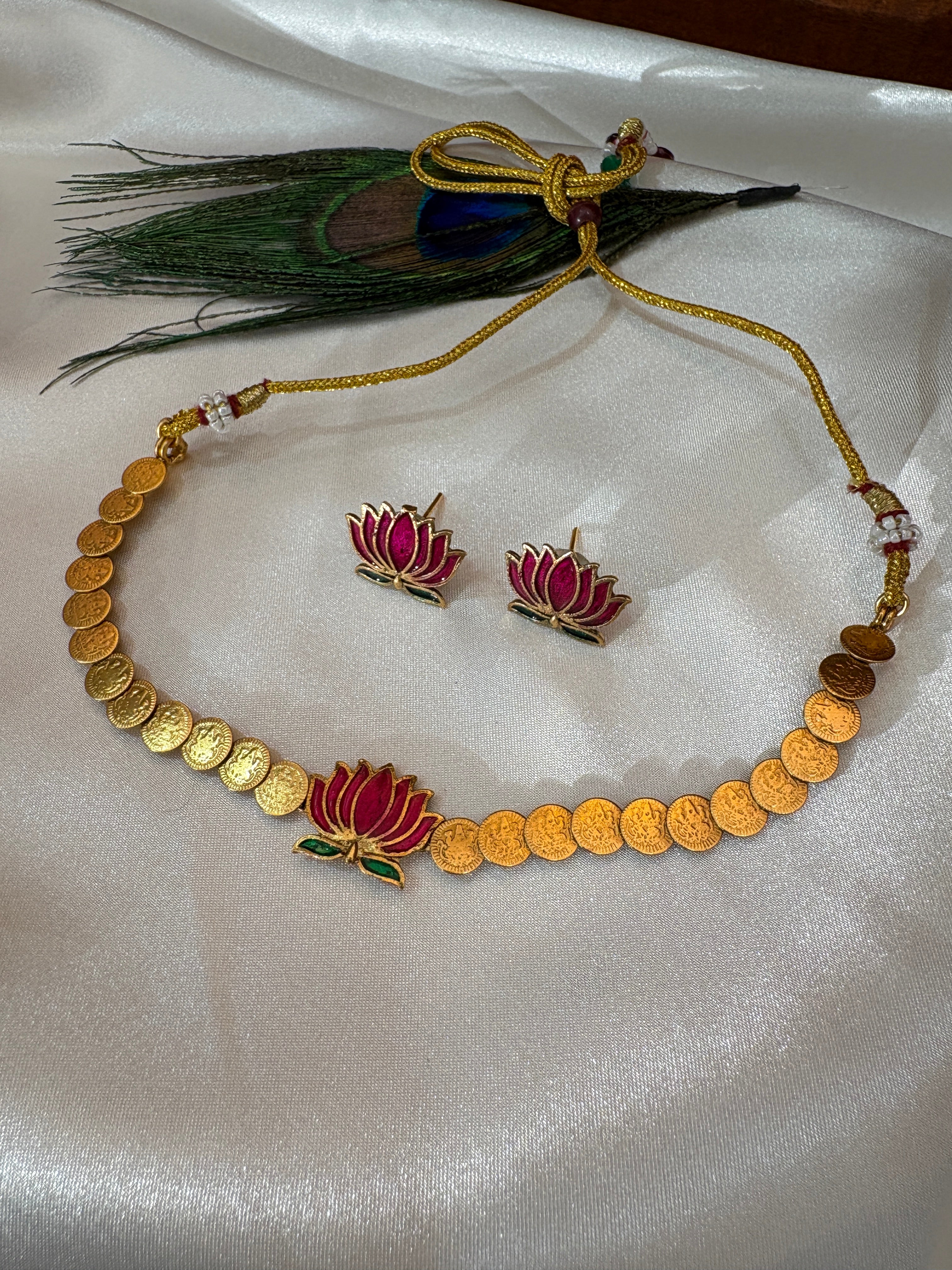 Lakshmi Coin Lotus Necklace Set | Green Enamel Lotus Pendant Gold Coin Choker – GV-RG-S-J-107