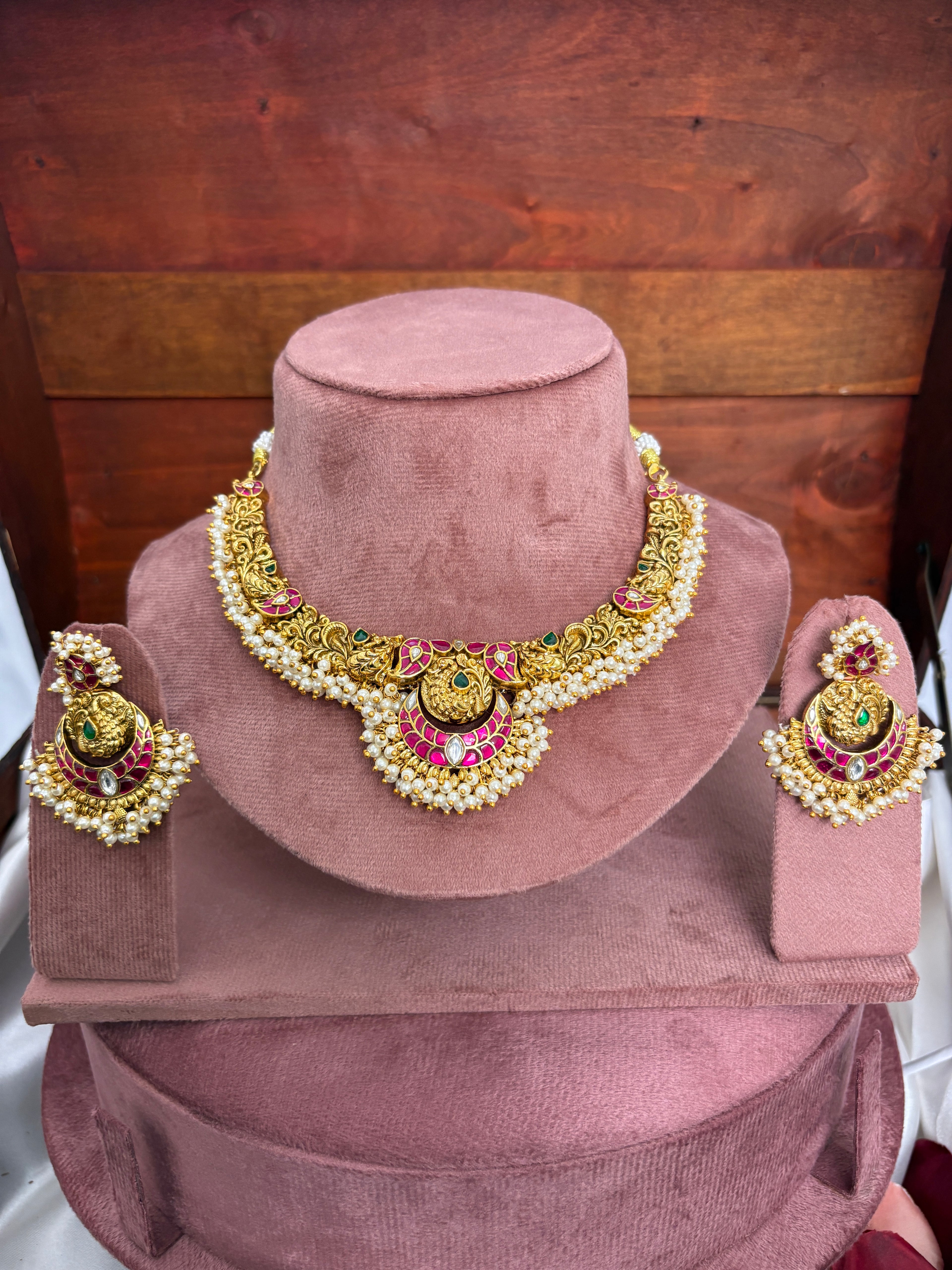 Jadau Kundan Hasli Necklace Set | Gutta Pusalu Peacock Bridal Set – GV-RG-S-J-120