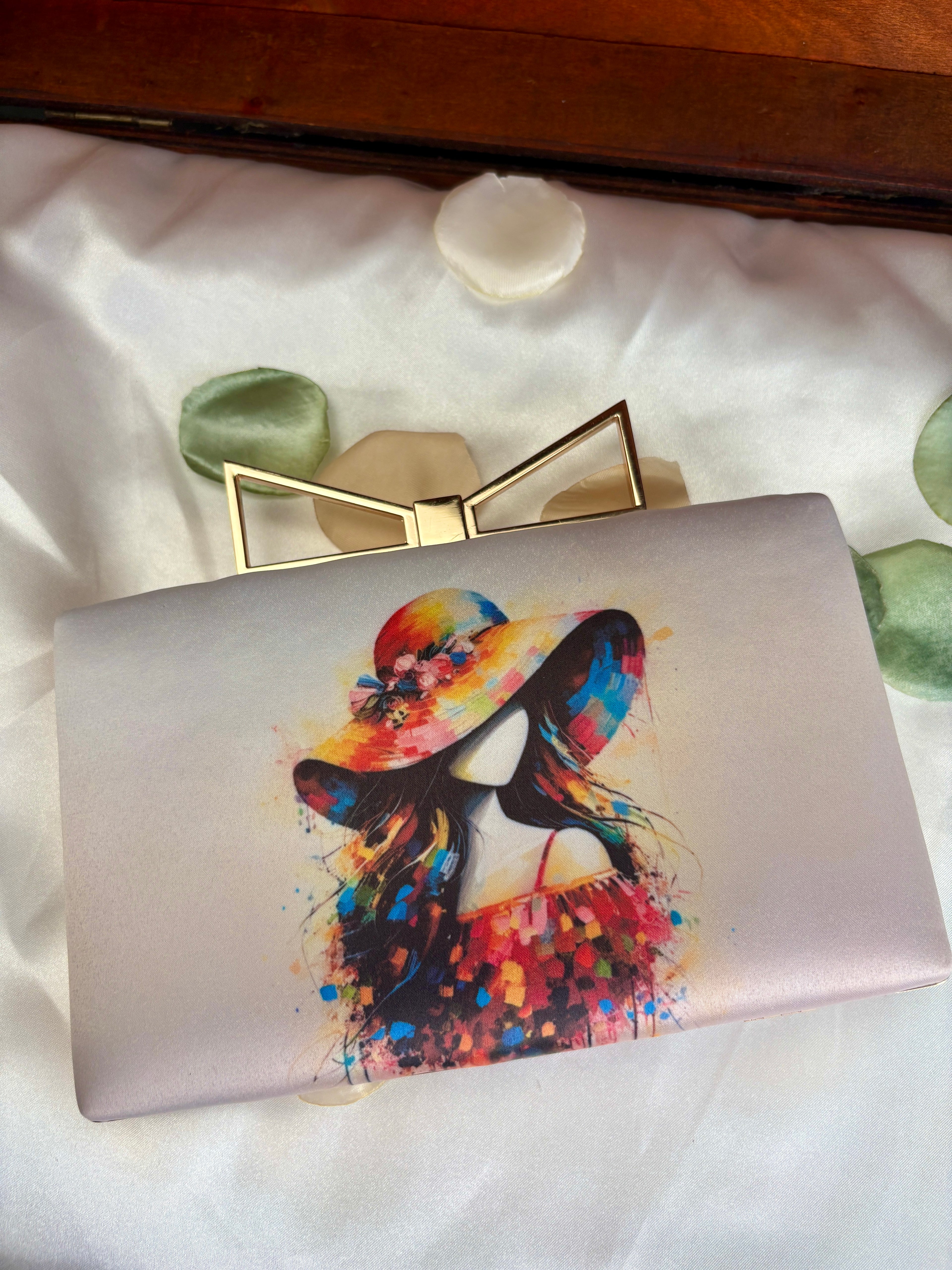 Watercolor Lady in a Hat Clutch Bag | Bow Clasp Box Clutch – GV-RG-S-BG-004