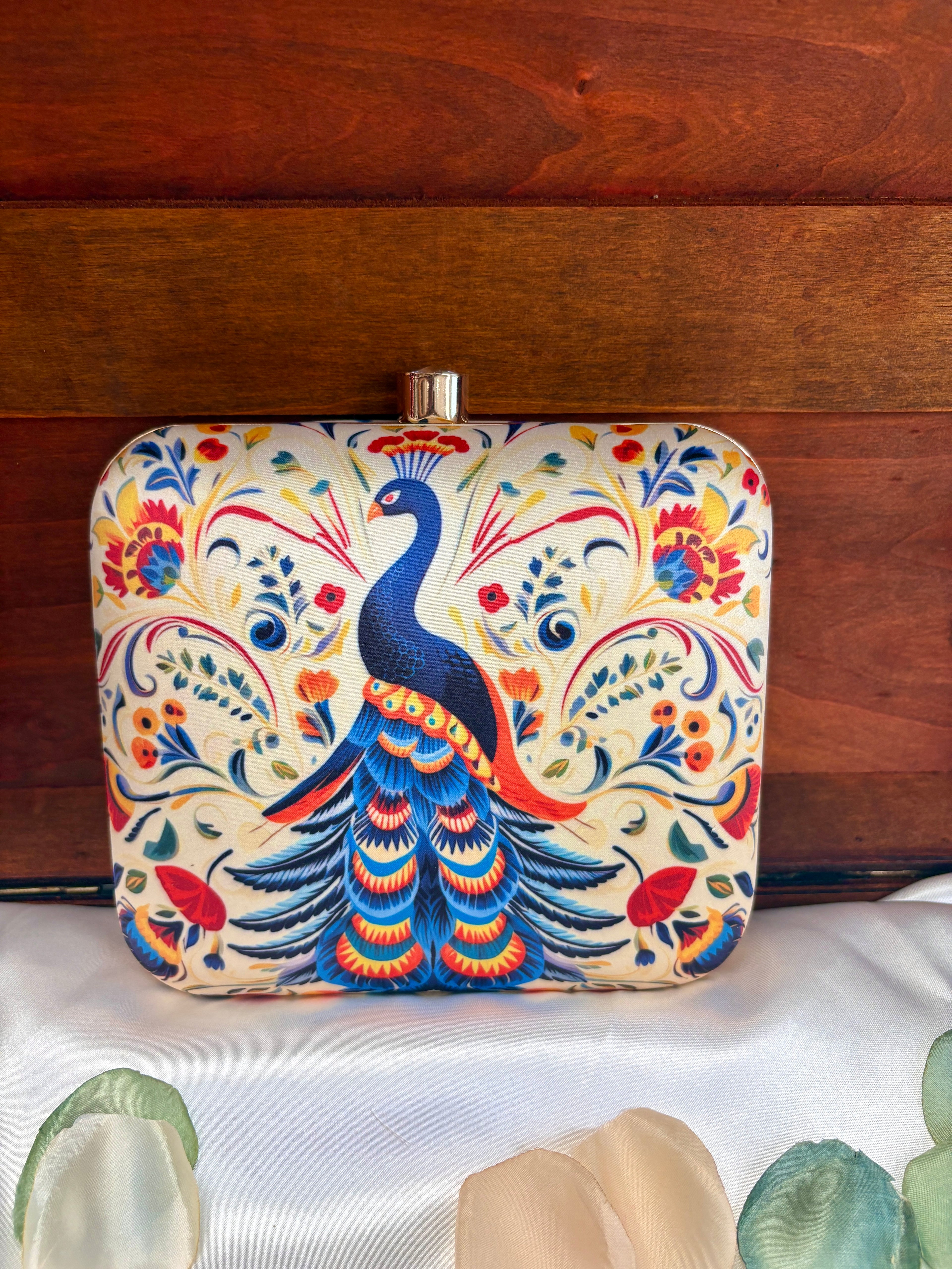 Folk Art Peacock Clutch Bag | Ornate Floral Scrollwork – GV-RG-S-BG-010