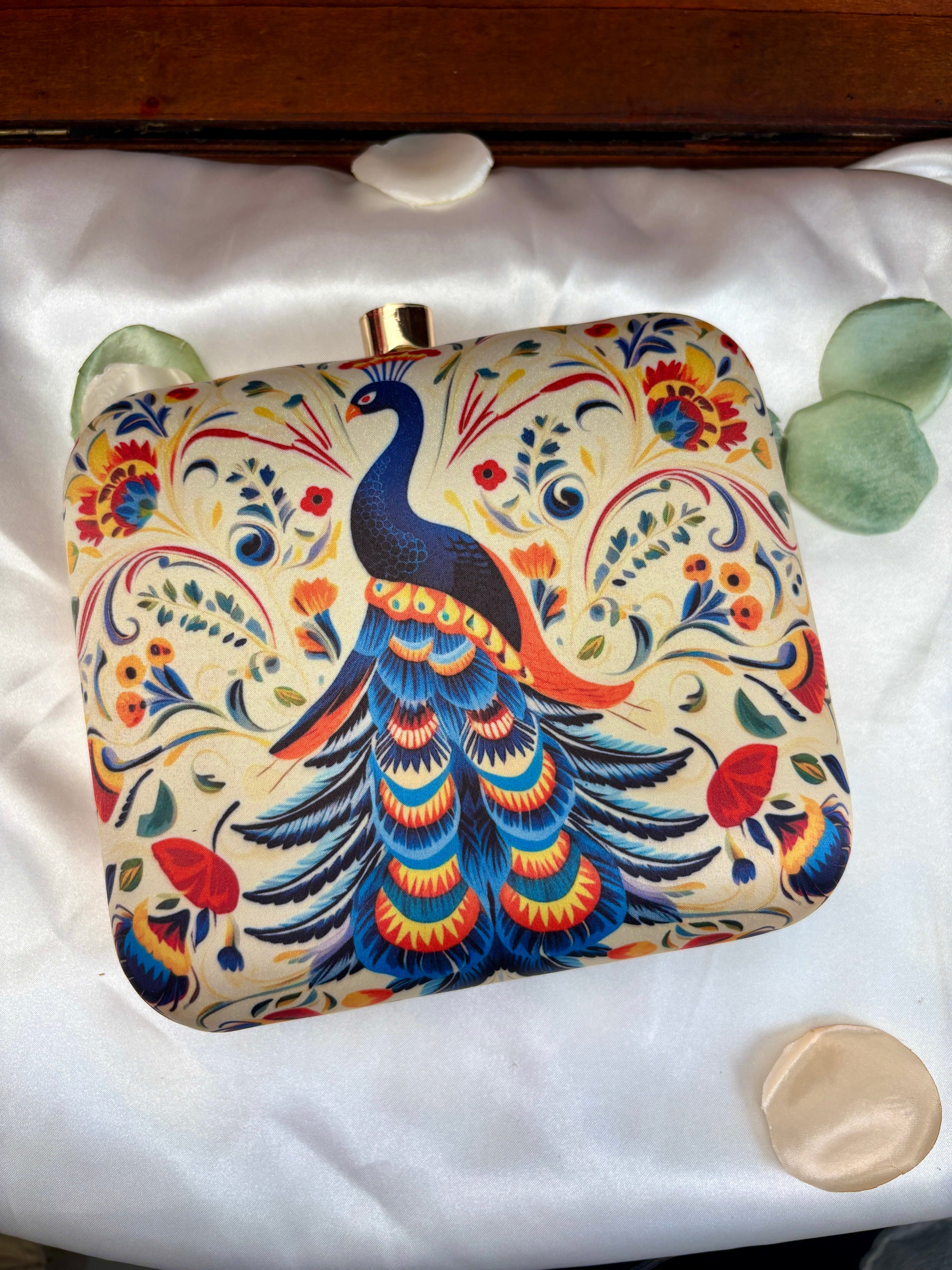 Folk Art Peacock Clutch Bag | Ornate Floral Scrollwork – GV-RG-S-BG-010