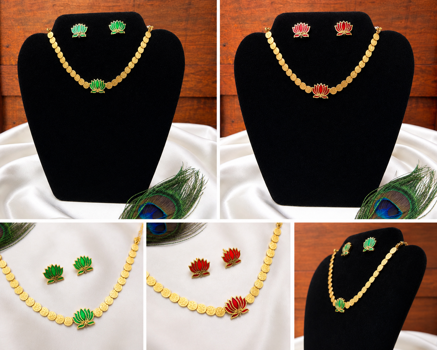Lakshmi Coin Lotus Necklace Set | Green Enamel Lotus Pendant Gold Coin Choker – GV-RG-S-J-107