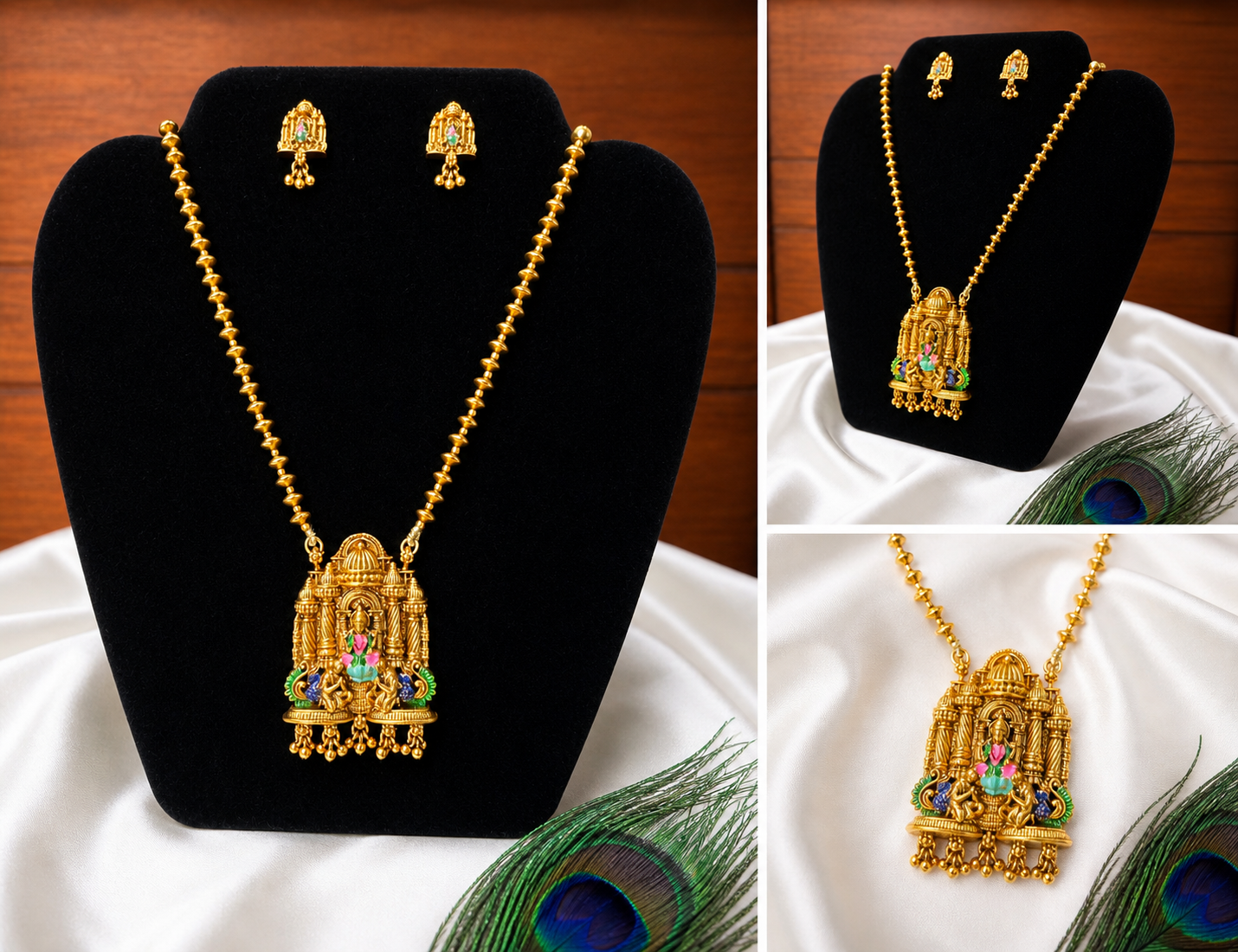 Lakshmi Temple Gopuram Pendant Necklace Set | Gold Bead Chain Enamel Peacock – GV-RG-S-J-109