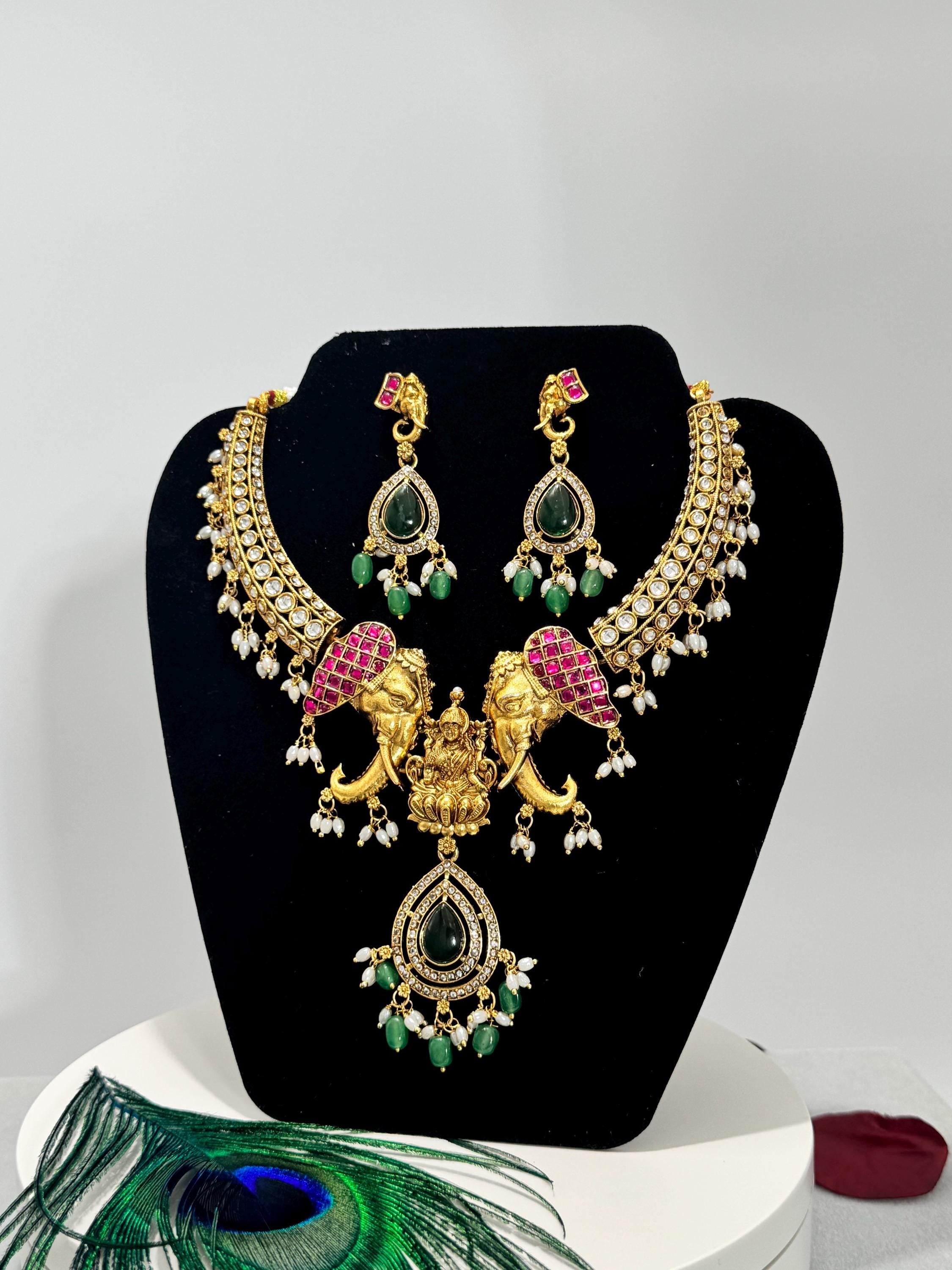 Gaja Lakshmi Twin Elephant Necklace Set | Ruby Kundan Emerald Pendant – GV-RG-S-J-108 __etsy:8001090816