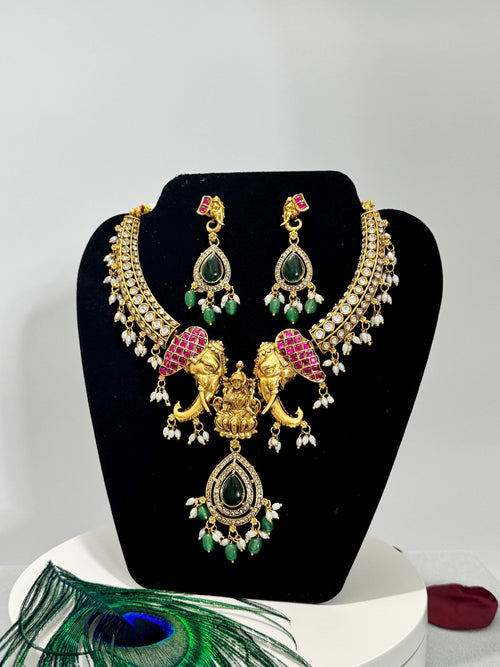 Gaja Lakshmi Twin Elephant Necklace Set | Ruby Kundan Emerald Pendant – GV-RG-S-J-108 __etsy:8001090816