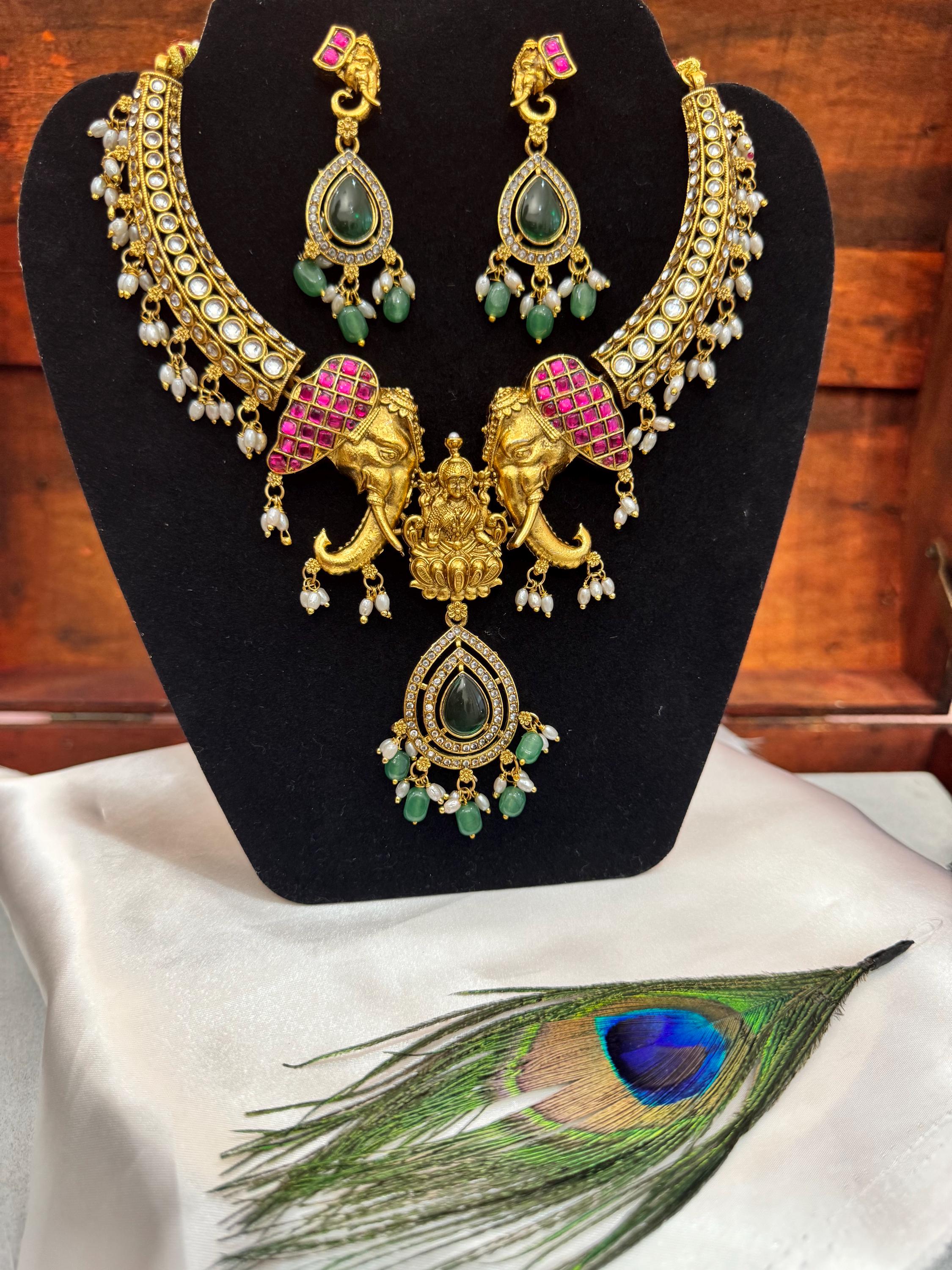 Gaja Lakshmi Twin Elephant Necklace Set | Ruby Kundan Emerald Pendant – GV-RG-S-J-108 __etsy:8001090966