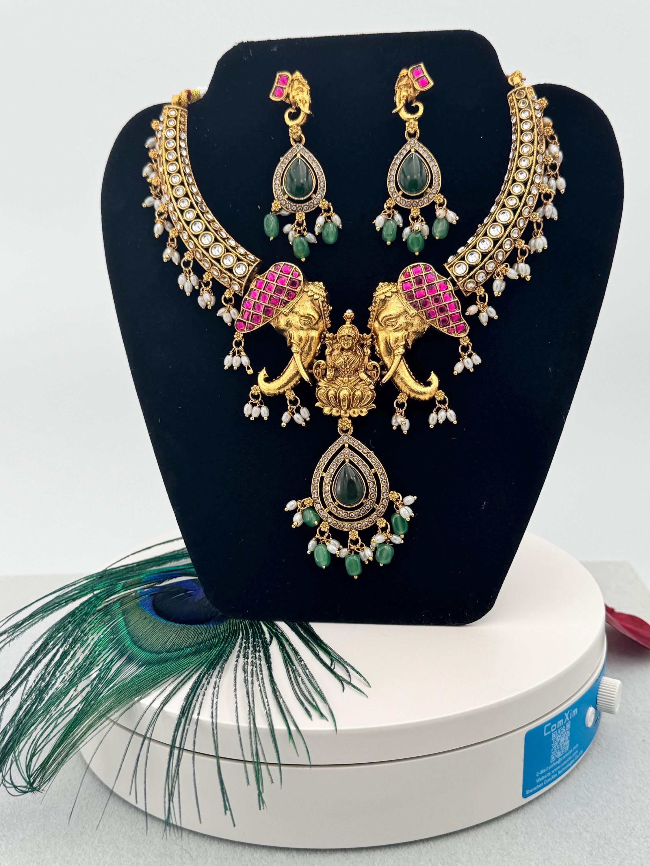 Gaja Lakshmi Twin Elephant Necklace Set | Ruby Kundan Emerald Pendant – GV-RG-S-J-108 __etsy:8049019223